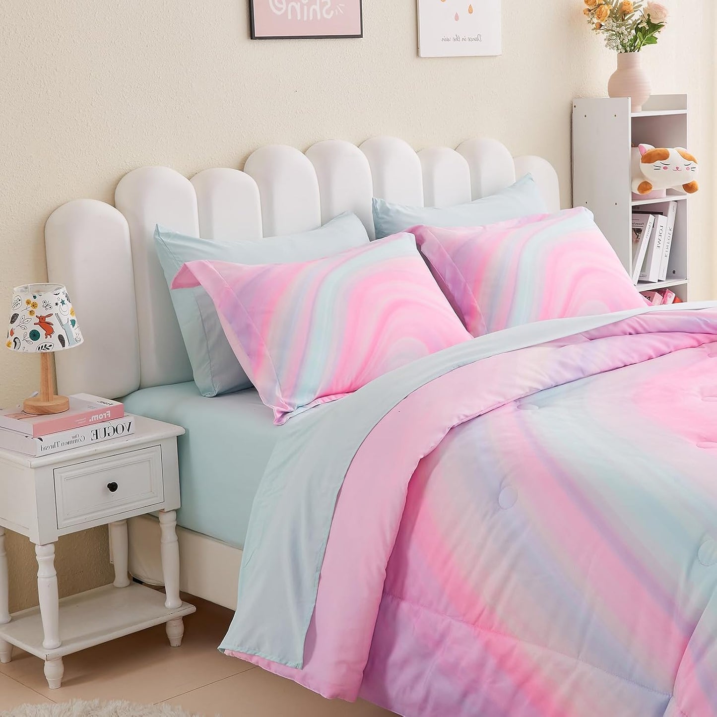 Wajade Girls Pink Comforter Set Bed in A Bag Twin Size 7 Piece 3D Colorful Tie Dye Pink Rainbow Bedding Set for Teens Girls (1 Comforter, 1 Flat Sheet, 1 Fitted Sheet, 2 Pillowcase and 2 Pillow Sham)