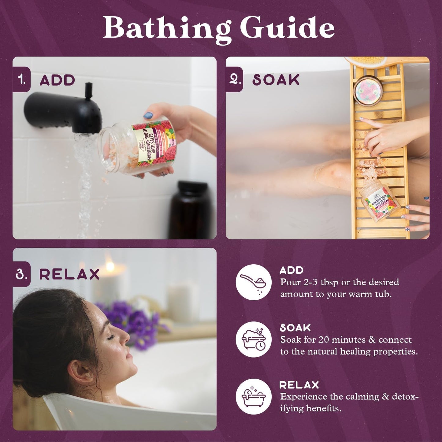 PURPLE CANYON SolSalts Fountain of Youth Bath Salts | Lavender, Rose, & Cedar Leaf Scented Detox Soak with Epsom Salt, Amla & Rosehip for Glowing Skin
