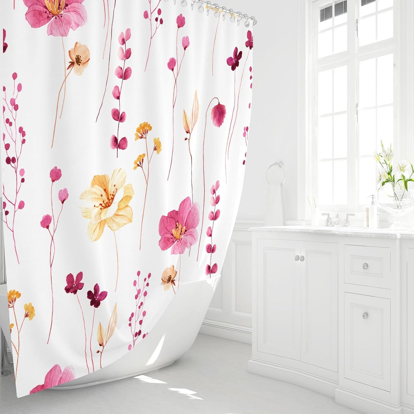 Gibelle Watercolor Floral Shower Curtain, Hot Pink Flower Shower Curtain for Bathroom, Modern Minimalist Waterproof Fabric Shower Curtain Set with Hooks 72x72 Inch