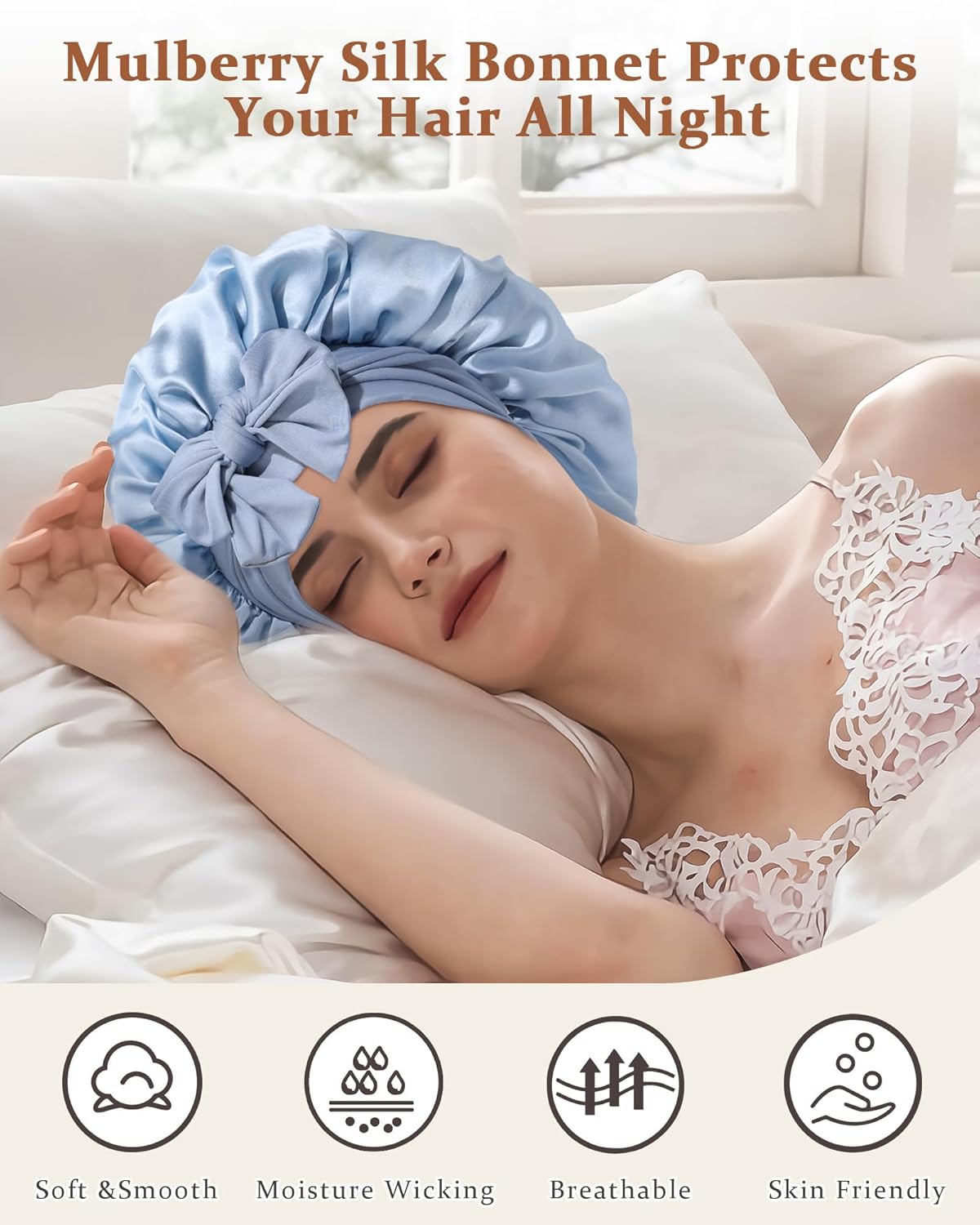 100% Mulberry Silk Bonnet for Sleeping Women Double Layer Silk Hair Bonnet Natural Silk Sleep Cap with Elastic Reversible Hair Wrap (Haze Blue + Sky Blue)