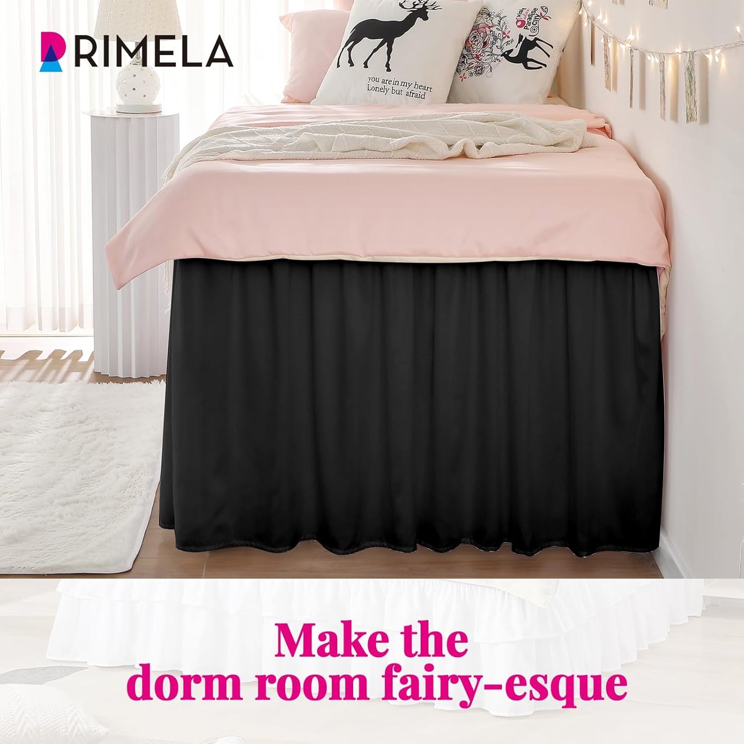 RIMELA Dorm Bed Skirt Twin XL 25 Inch Drop, Extra Long Wrap Around Elastic Bed Skirts Easy to Put On Twin Size Dust Ruffle, Black Bedskirt for Adjustable Bed Base Solid Silky Fabric Machine Washable