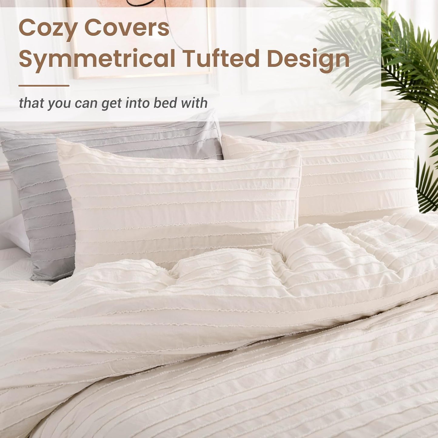 NEXHOME PRO Duvet Cover Queen Size, Light Khaki 3 Pieces Boho Tufted Duvet Cover Set, Soft and Lightweight Microfiber Comforter Cover Set for All Season (Light Khaki, 90 x 90)-No Comforter