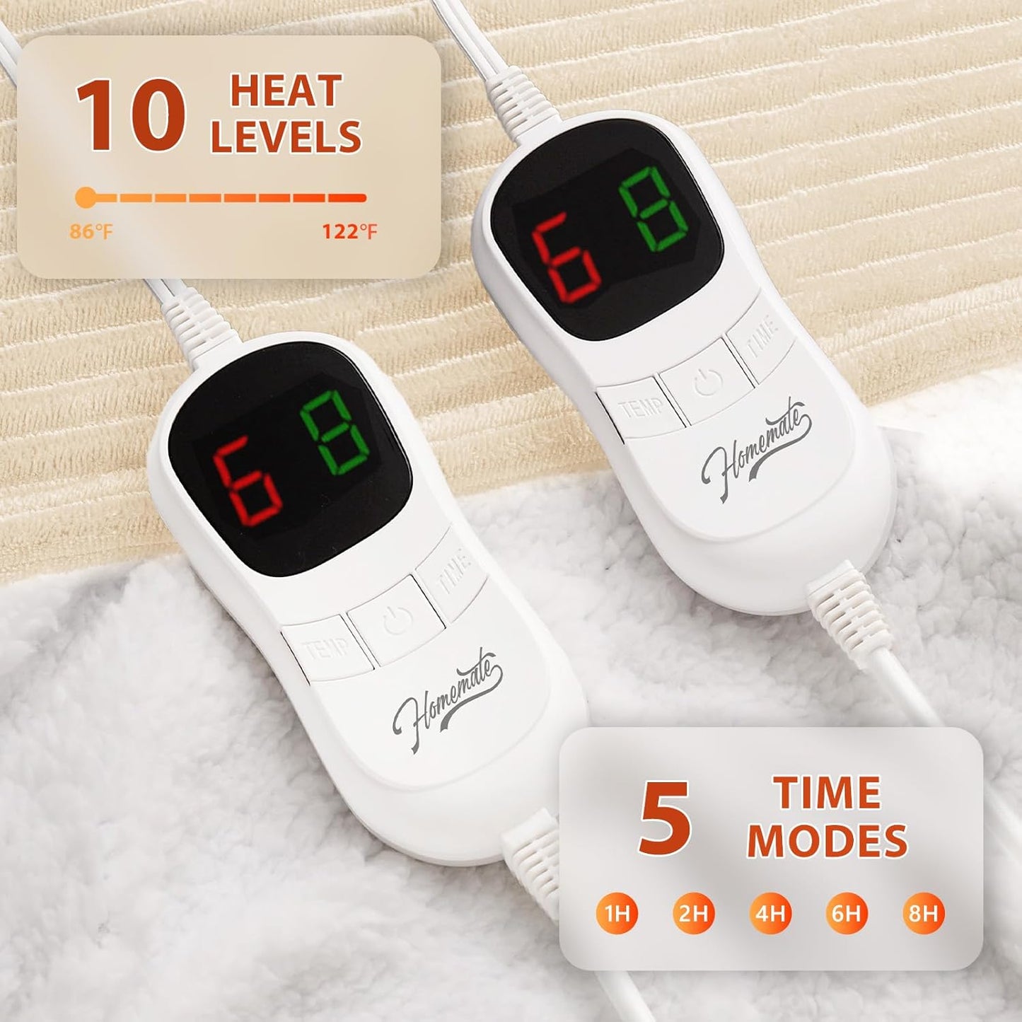 Homemate Electric Heated Blanket Queen Size - 84"x90" Heating Blanket Queen Size Dual Control 1/2/4/6/8 Hours Auto-Off 10 Heat Level Over-Heat Protection Soft Flannel Sherpa ETL Certification