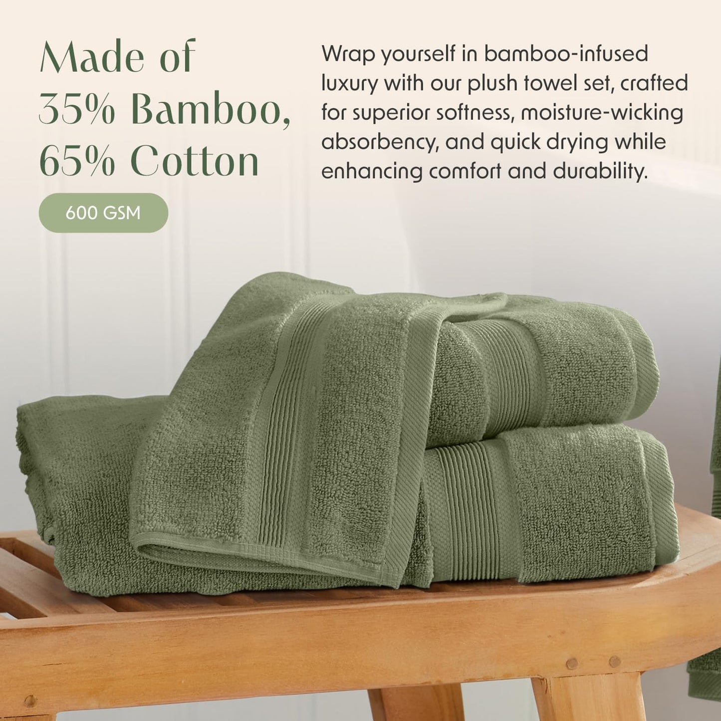 Springtree Home Luxury Viscose from Bamboo Bath Towel Set 6 Piece Set | 35% Viscose from Bamboo - 65% Cotton | Absorbent Quick-Dry Towels for Bathroom | Oeko-TEX Standard 100 Cotton | Lily Pad Green