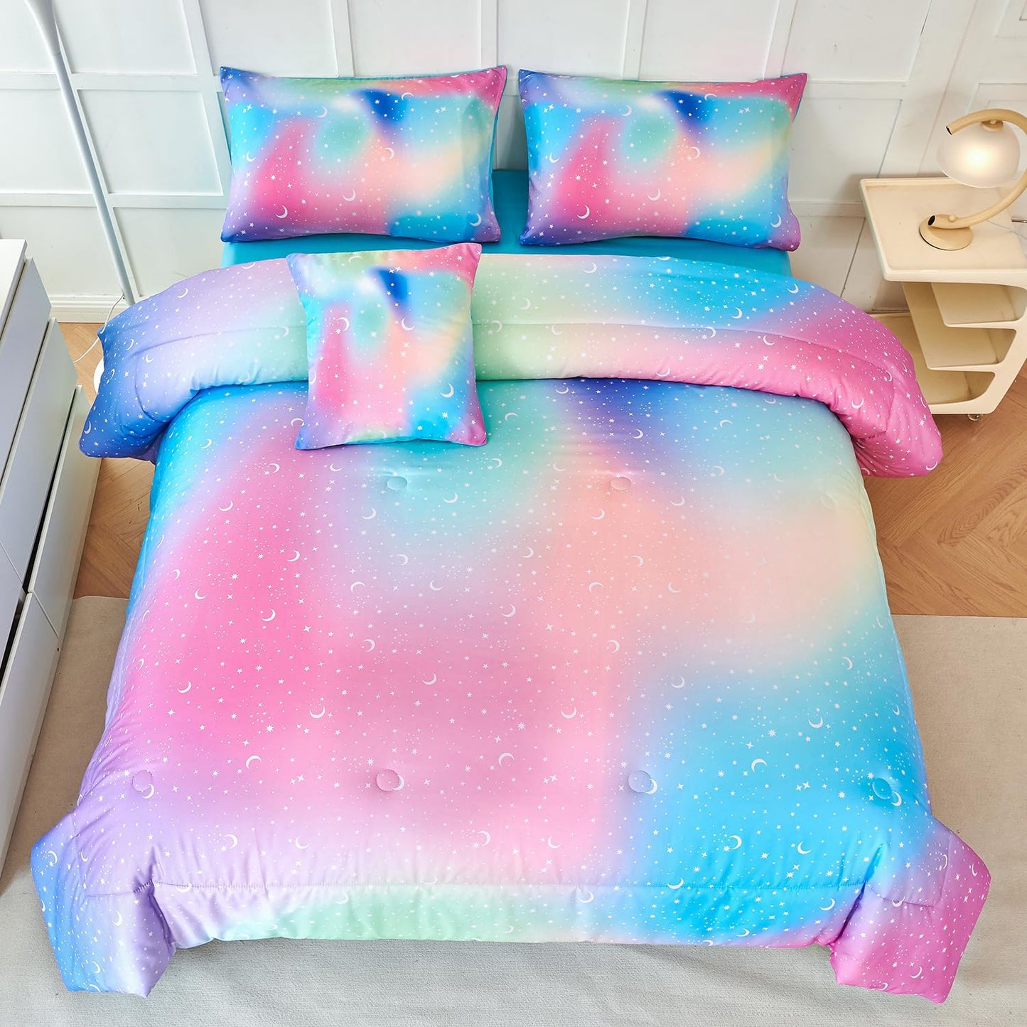 URBONUR 6Pcs Gradient Glitter Comforter Set for Girls Twin Size Colorful Rainbow Pink Blue Bedding Set, Soft & Breathable Kids Bed in a Bag