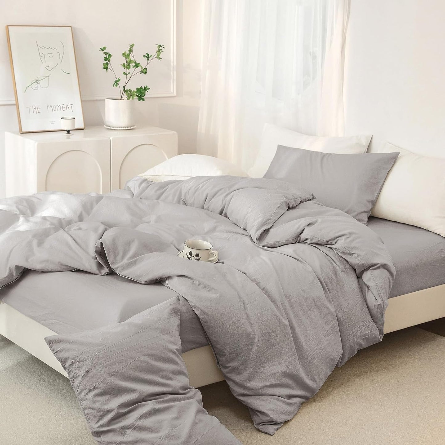 JIYUAN 100% Washed Cotton Duvet Cover Set 3 Pieces Full, 1 Duvet Cover 80x90 Inches(Comforter Not Included) and 2 Pillowcases,Linen Feel Bedding Set Comfy and Breathable, Heathered Pastel Grey