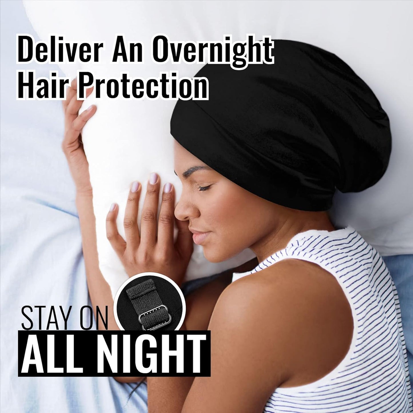 Satin Lined Sleep Cap Bonnet for Curly Hair and Braids, Stay On All Night Hair Wrap with Adjustable Strap for Women and Men, Black and Grey, Pack of 2