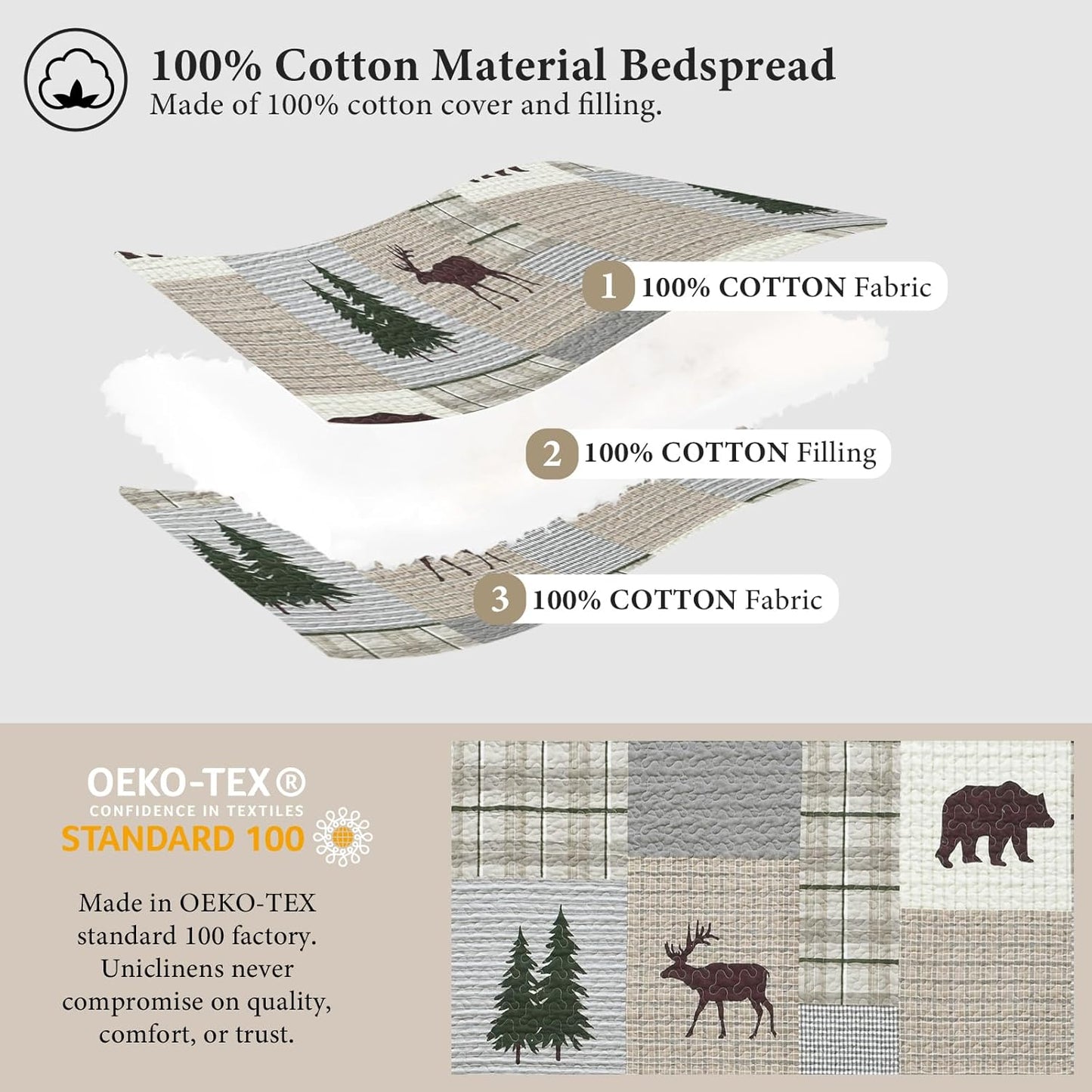 Uniclinens Quilt Set King Size, 100% Cotton Quilted Quilt Bedding Set Bedspread, Bear Tree Elk Farmhouse Rustic Quilt, Patchwork Plaid Comforter Set, 3 Pieces Set with 2 Pillowshams, Brown/Grey/Green