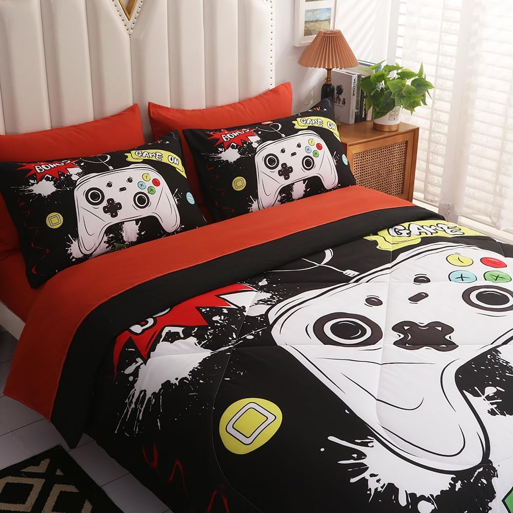 Wajade Kids Game Comforter Set Bed in A Bag Full Size 7 Piece 3D Colorful Video Game Controller Bedding Set for Boys Girls (1 Comforter, 1 Flat Sheet, 1 Fitted Sheet, 2 Pillowcase and 2 Pillow Sham)