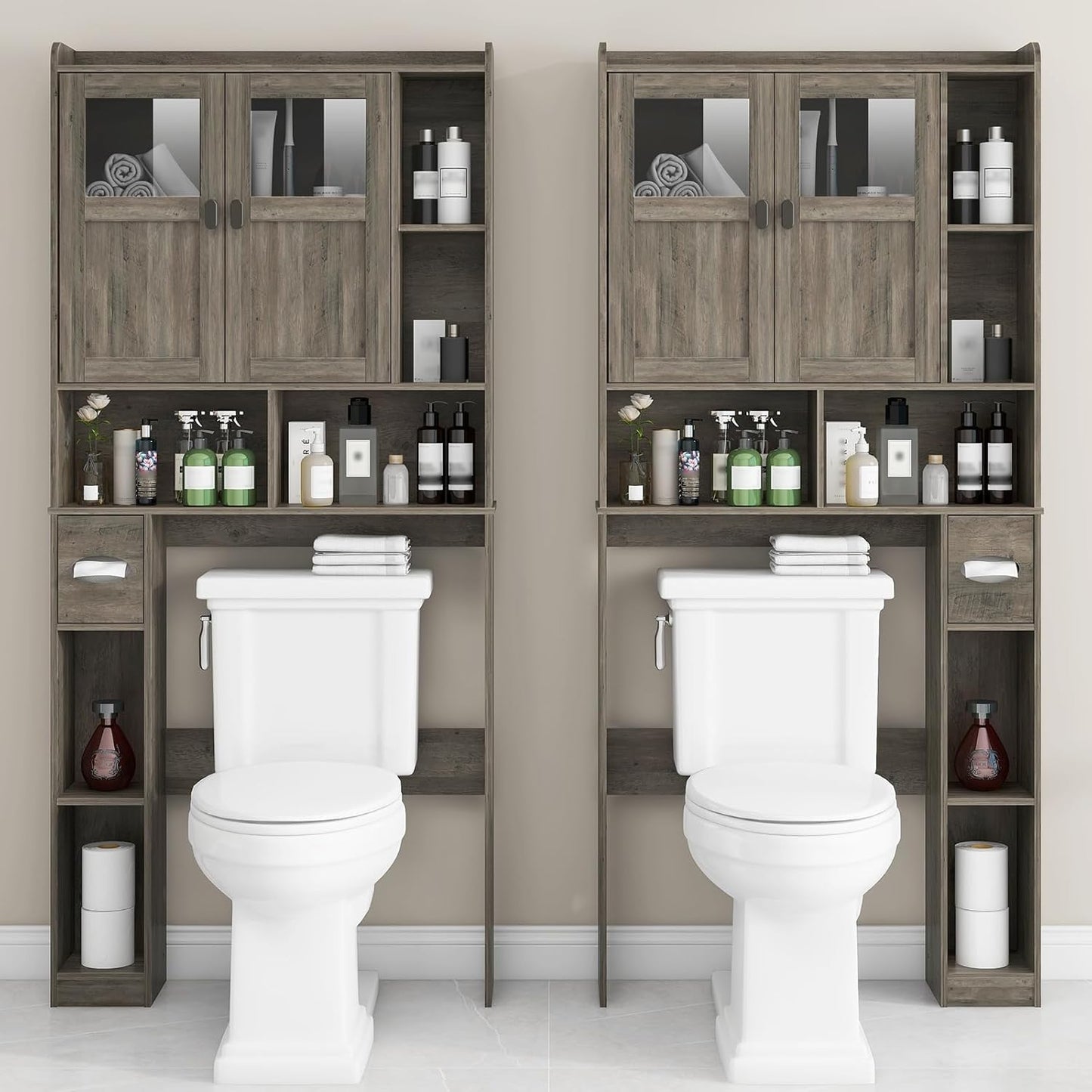 Vabches Over The Toilet Storage Cabinet, Bathroom Shelf Over Toilet with Glass Doors and Adjustable Shelves, Grey Freestanding Home Space Save Toilet Rack, for Restroom, Bathroom, Laundry