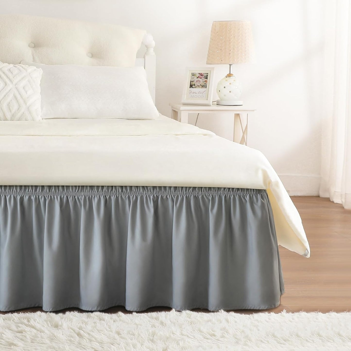 RIMELA Light Grey Bed Skirt Full Size 12 Inch Drop, Elastic Bed Skirting for Bed Base and Frame, Bedding Dust Ruffle Easy to Install, Lightweight Wrap Around Adjustable Bedskirt