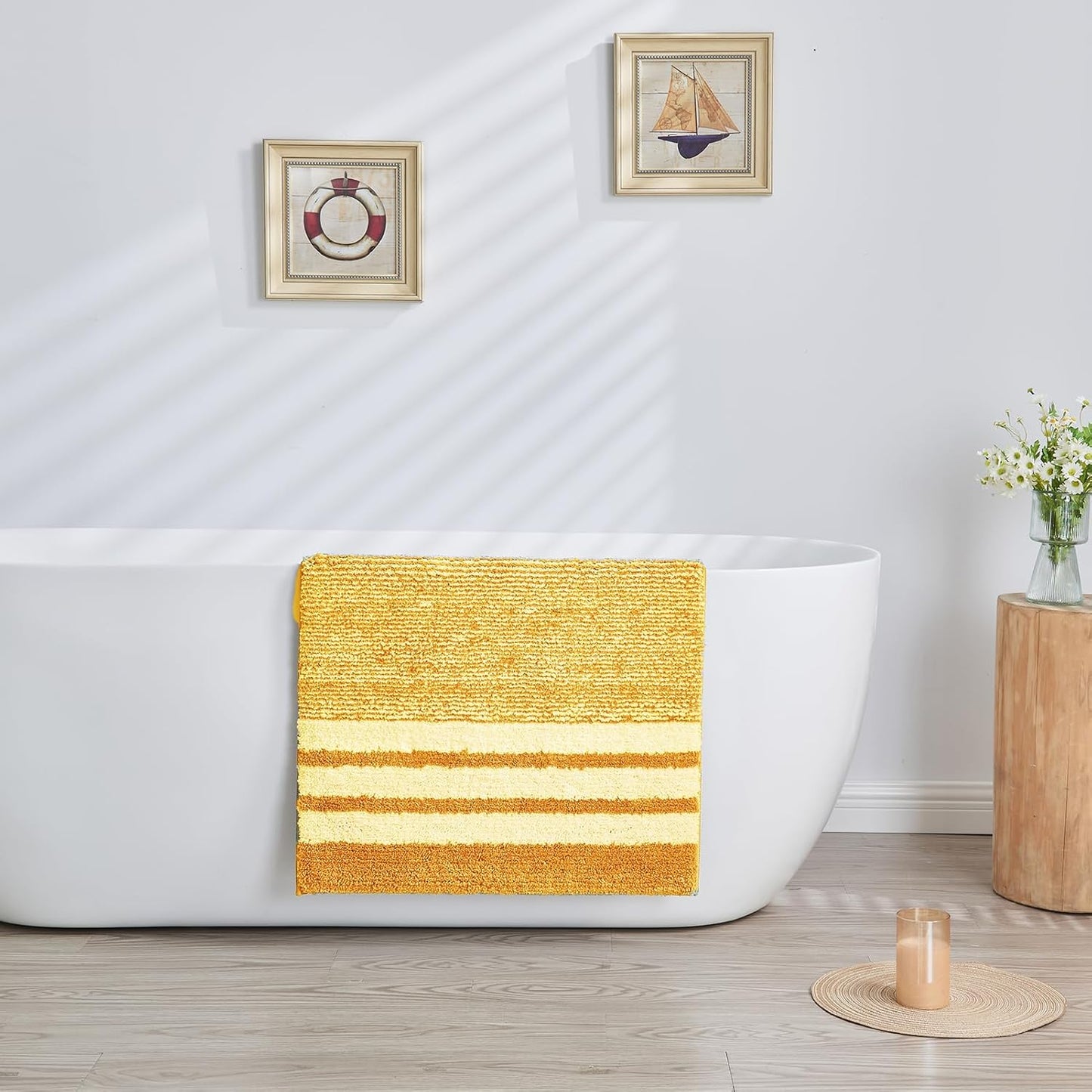 CozeCube Bath mats for Bathroom Non Slip, Fluffy Absorbent Microfiber Bath mat Washable, Aesthetic Bathroom Rugs, Small Harvest Gold Striped Bath mat, Harvest Gold, 24" x 16"