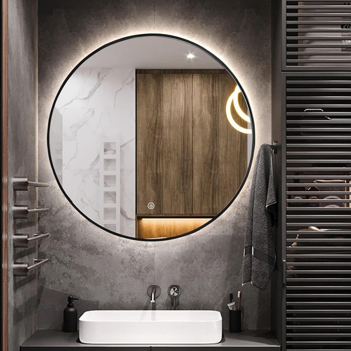 Niccy 24" LED Backlit Round Mirror for Bathroom, Black Framed Vanity Light Wall Mirror LED Smart Circle Mirrors with 3 Lighting Colors, Dimmable Lighted Mirror with Anti-Fog, IP66 Waterproof
