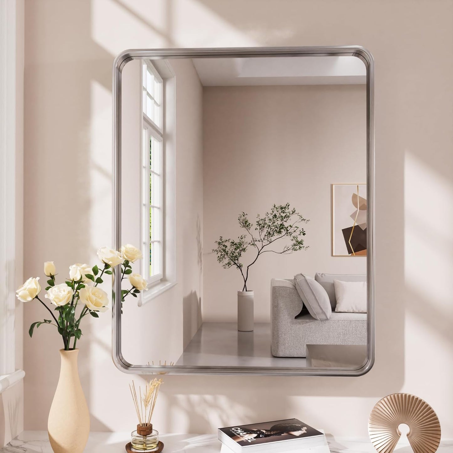 Brushed Nickel Bathroom Mirror 20x30 Inch, Brushed Silver Metal Frame Mirror Wall Mounted, Rounded Rectangle Bathroom Vanity Mirror, Tempered Glass, Anti-Rust, Horizontal/Vertical