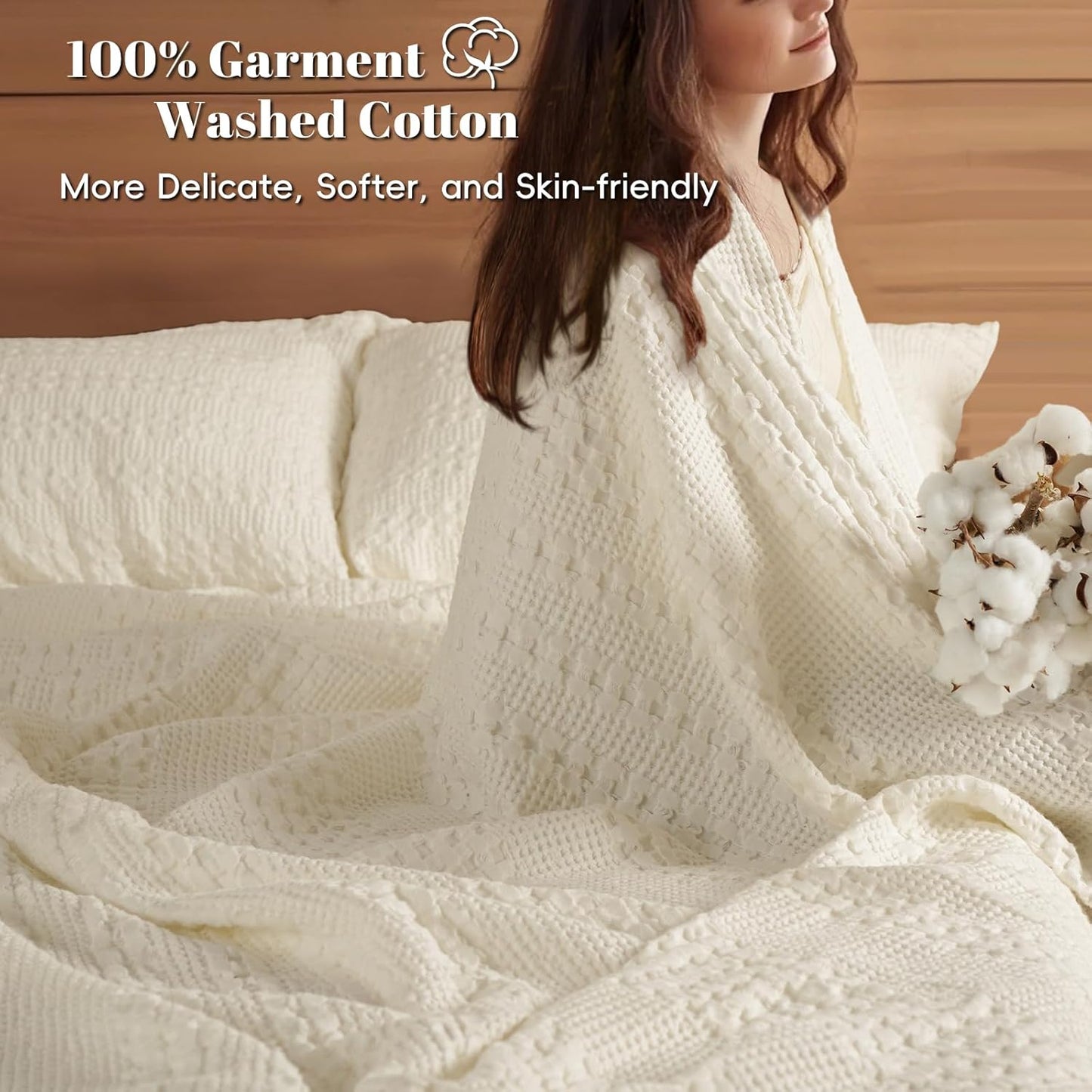 PHF 100% Cotton Waffle Weave Blanket Queen Size for Bed, Soft Lightweight & Breathable, All-Season Comfort, Luxury Aesthetic Woven Bedding for Home Decor, 90"x90", Cannoli Cream