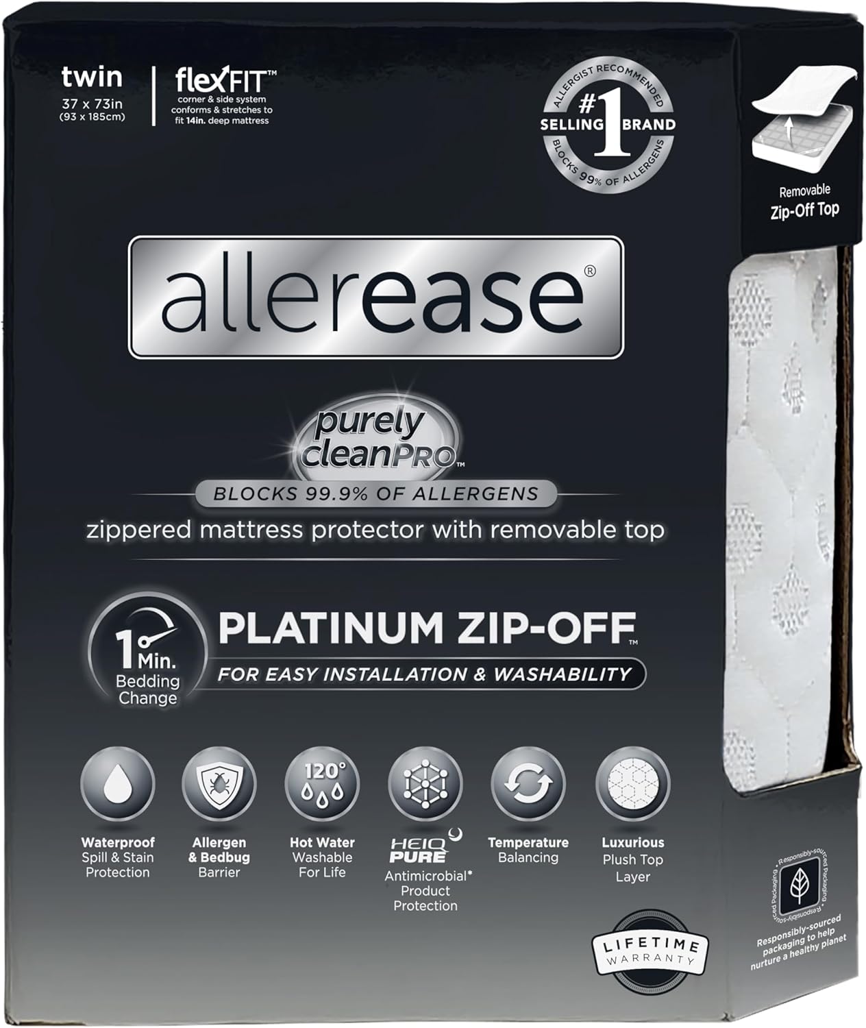 AllerEase Platinum Zip-Off Top Waterproof Mattress Protector Twin Size 360 Degree Zipper Allergen Barrier Temperature Balancing Luxurious Plush Top Separately Machine Washable Mattress Cover (White)