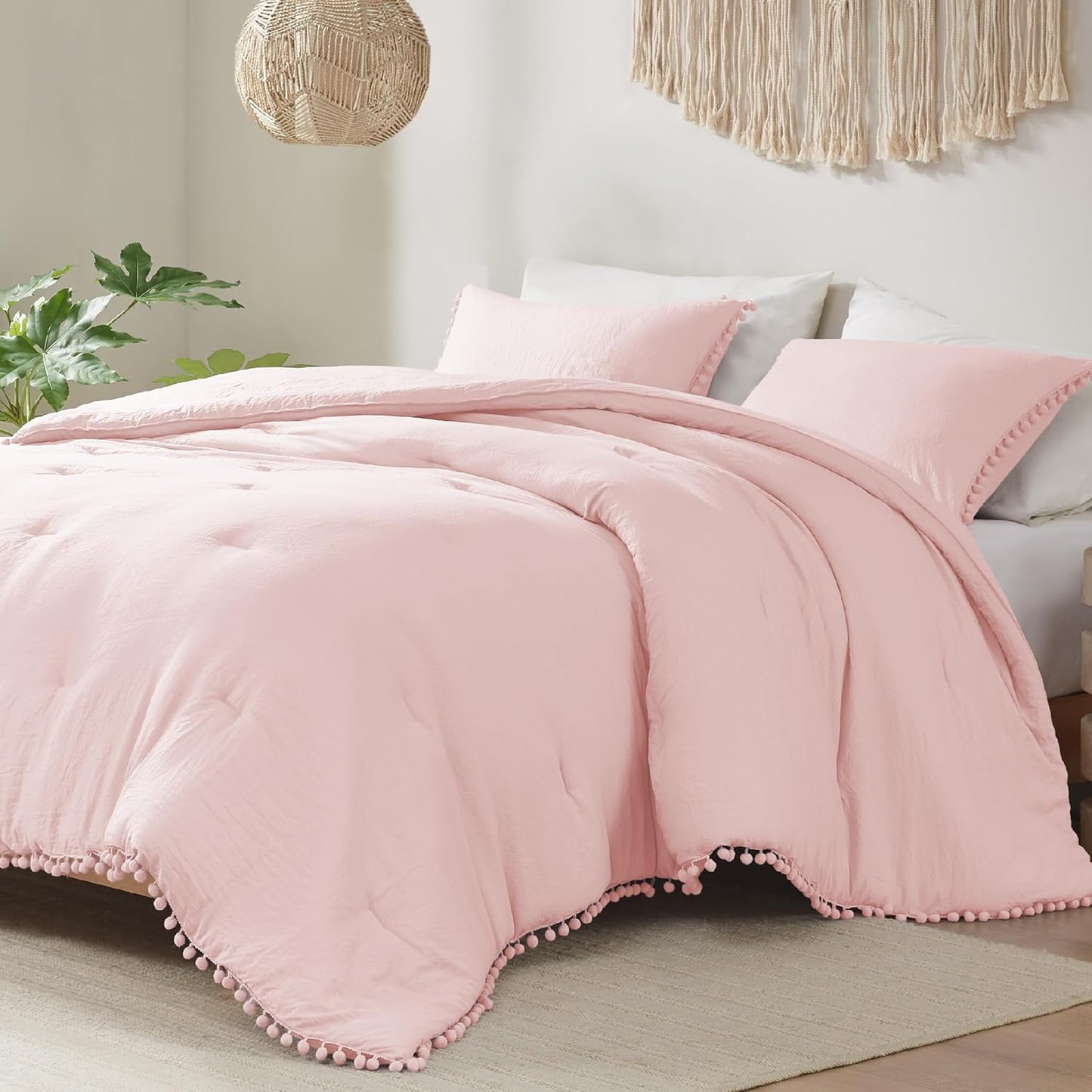 Codi Blush Pink King Comforter Set - Boho Chic Bedding with Elegant Pom Fringe, Soft Washed Microfiber 3pc Luxury Set, Lightweight & Breathable for Master Bedroom, 1 Comforter & 2 Pillow Shams