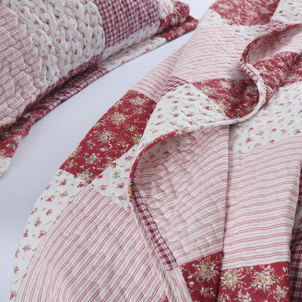 ENASAL Cotton Bedspread Quilt Bedding Sets Reversible Coverlet Sets Comforters Plaid Floral Red White Patchwork Pattern Bedspread for All Season, King Size