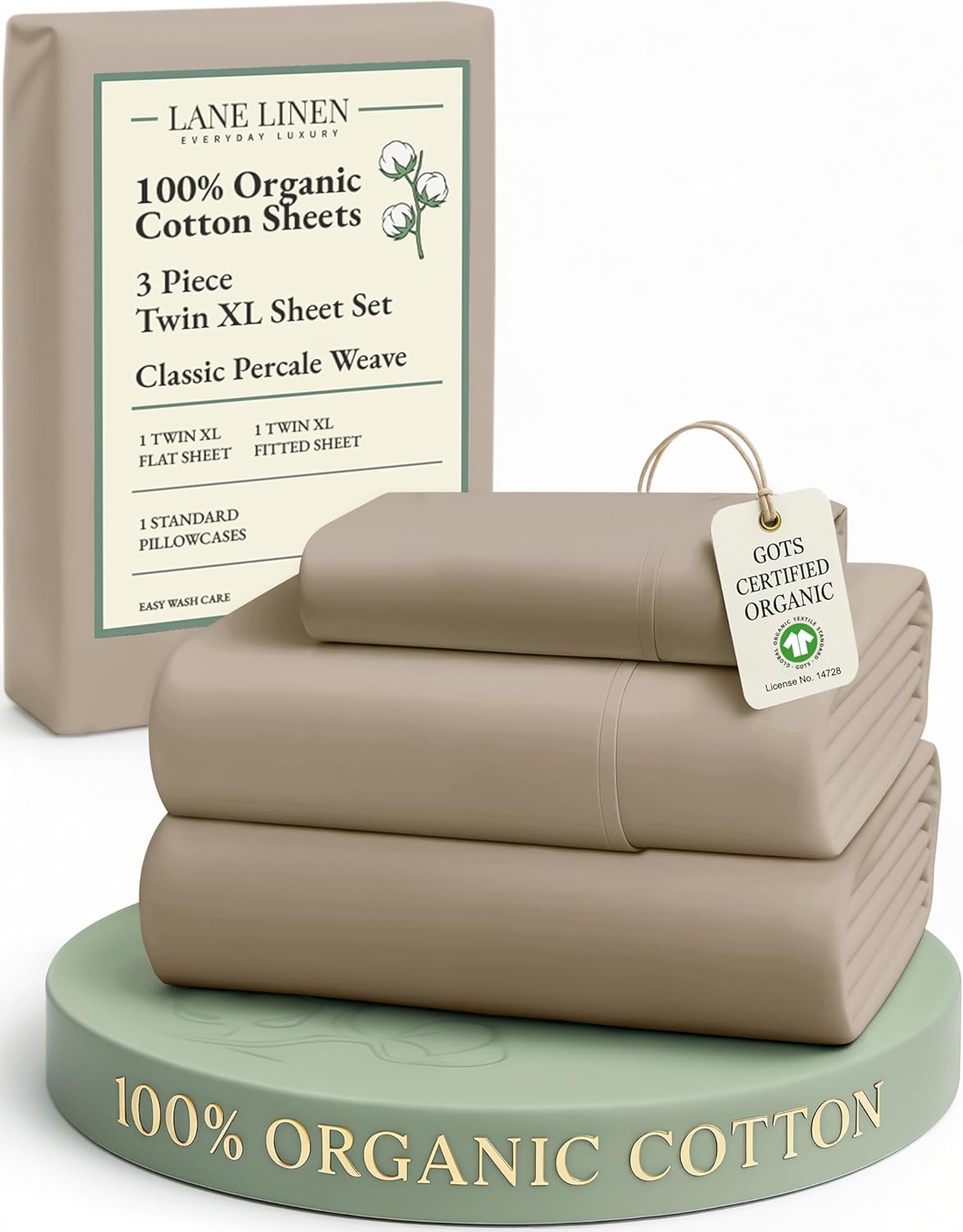 LANE LINEN 100% Organic Cotton Twin XL Sheets Set, Fully Elasticized Bed Sheets Set Twin XL Size Perfetct for Hospital beds, Deep Pocket Soft & Comfy Sheets Set Twin XL Size-Taupe