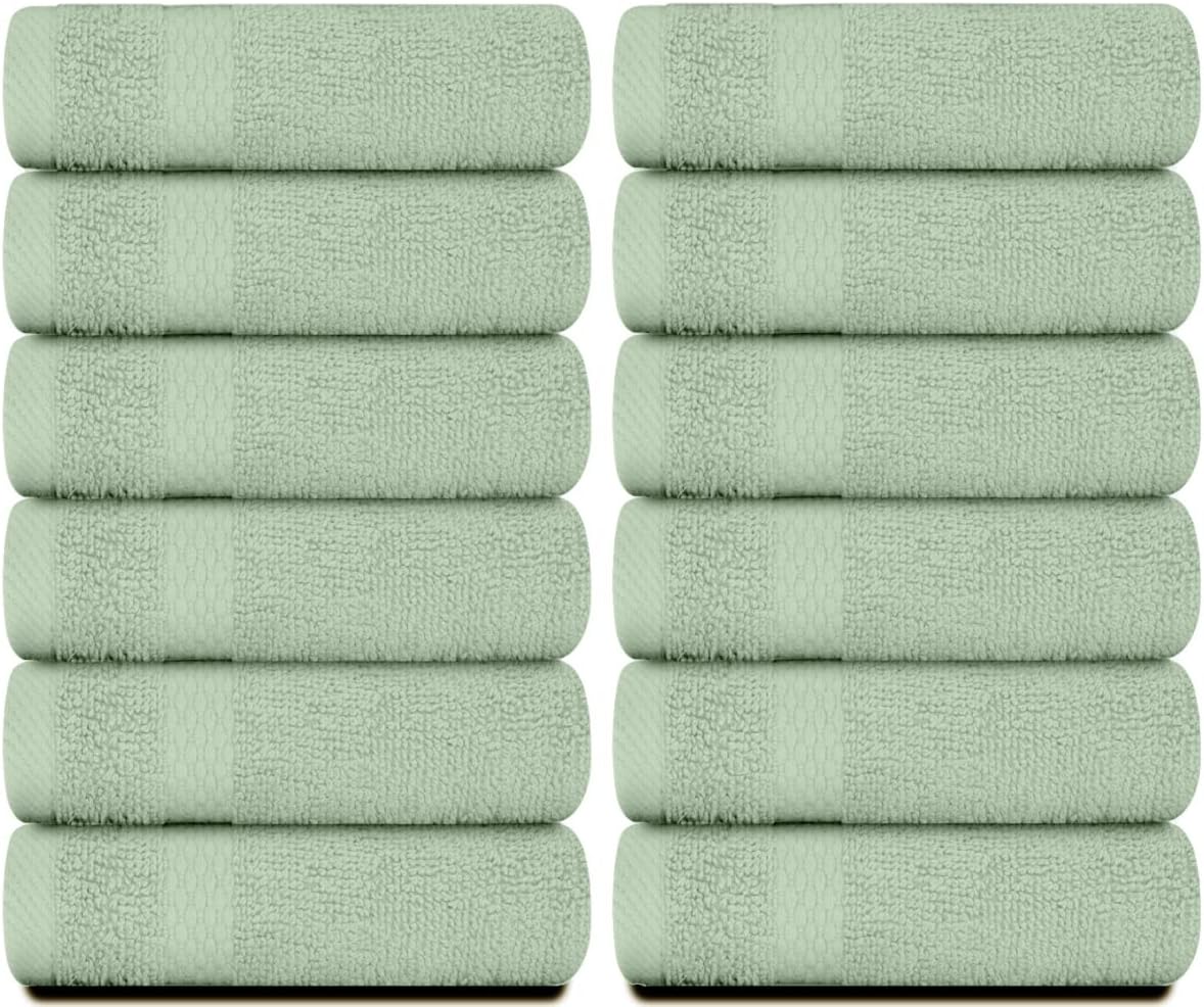 White Classic Luxury Cotton Washcloths 13x13 Inch - 650 GSM Turkish Cotton | Hotel, Spa, Bathroom Face Towel | 12 Pack, Light Green
