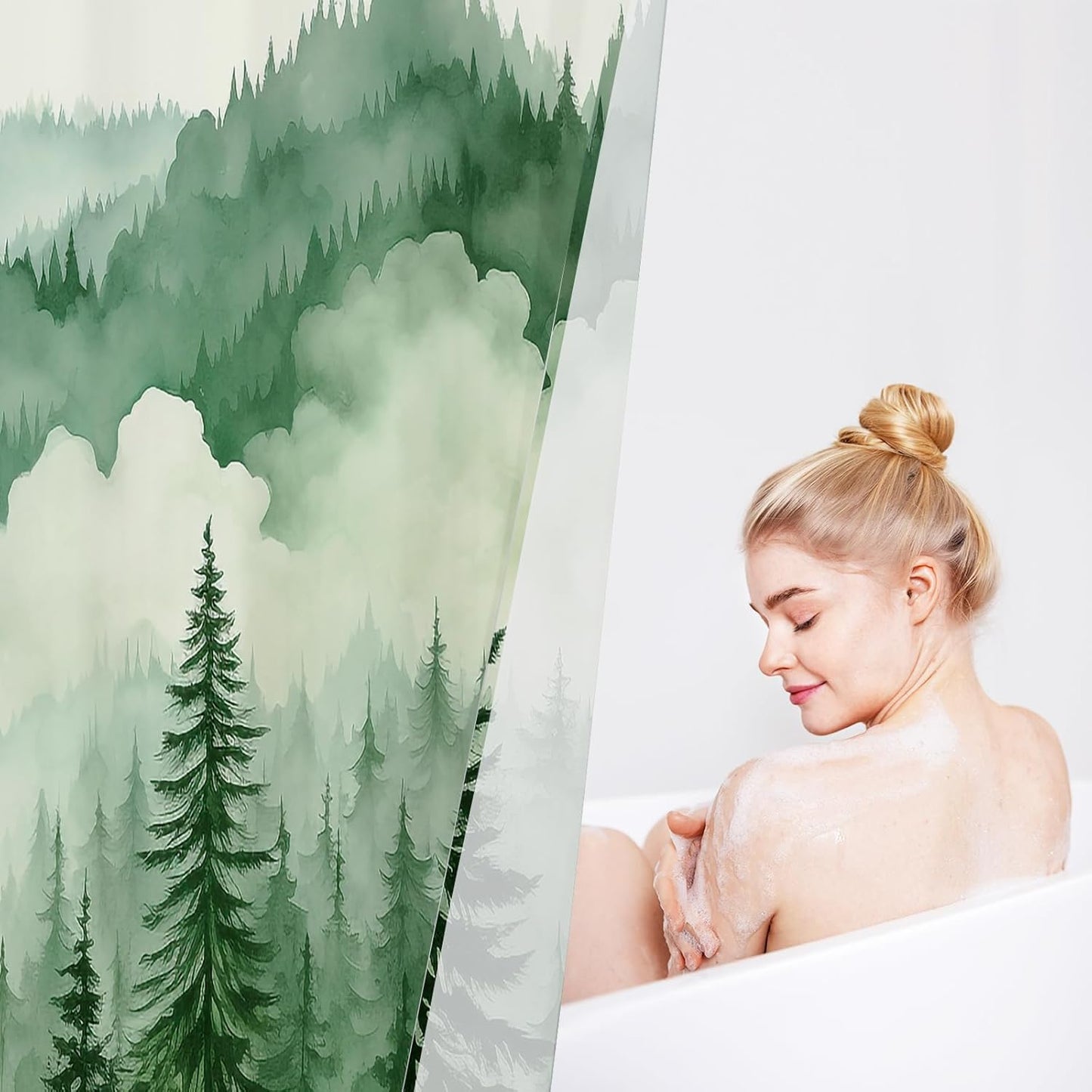 Green Extra Long Misty Pine Forest Shower Curtain 72 x 84, XL Mountain Foggy Woodland Scenery Tree Shower Curtains for Bathroom, Abstract Waterproof Nature-Themed Decor