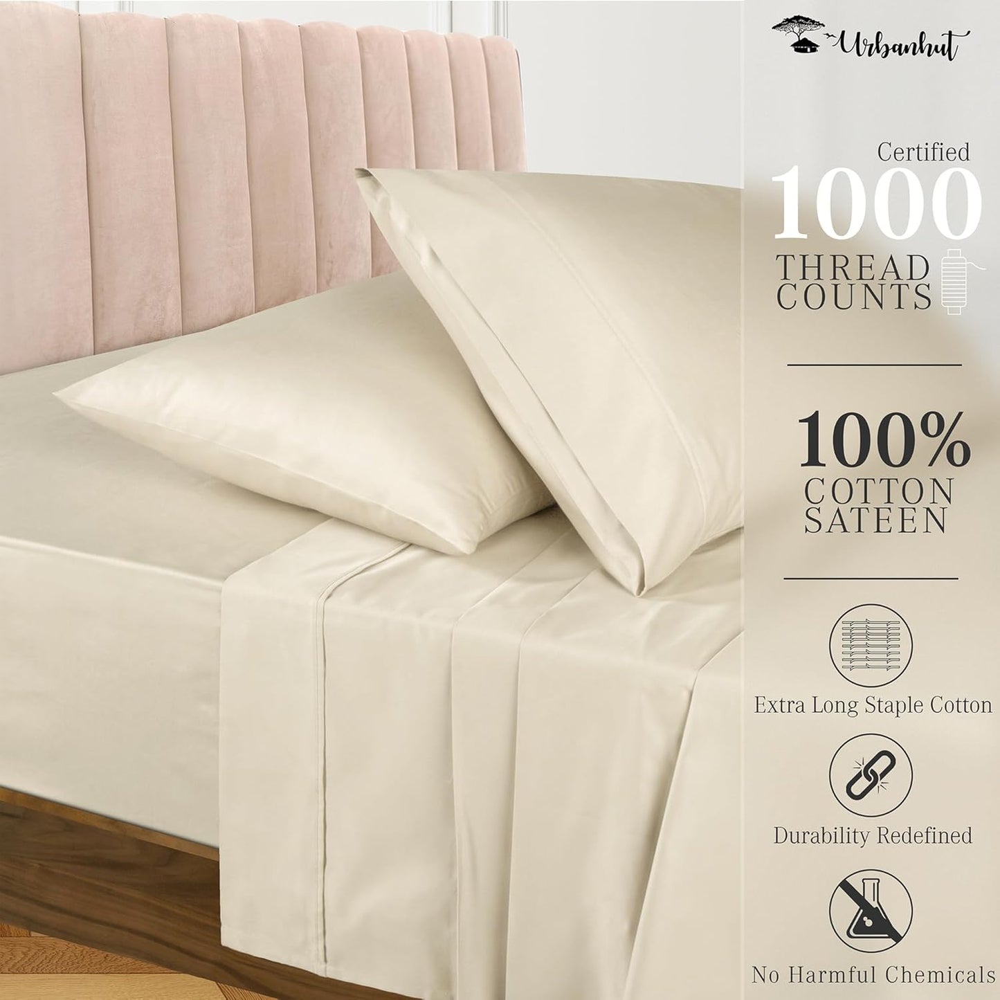URBANHUT 1000 Thread Count Queen Sheets Set Egyptian Cotton, Long Staple Soft & Breathable, 4 Pc Bed Sheet Sets for Queen Size Bed, Luxury Hotel Sateen Sheets Fits 16" Deep Pocket - Ivory New