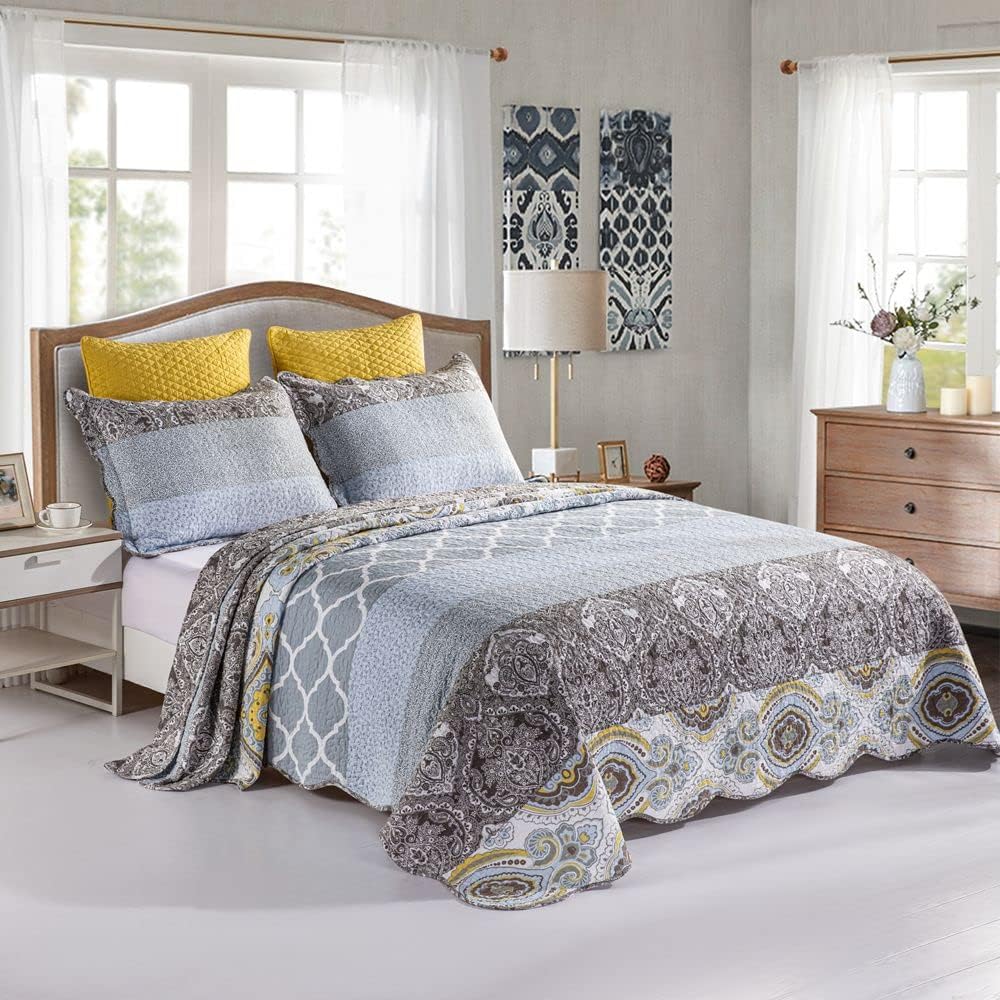 YAYIDAY Oversized Queen Quilt Set Patchwork Bedspread (110x118 Inch) - 100% Cotton Reversible Breathable Grey Quilted Coverlet with Pillow Shams Fit All Seasons