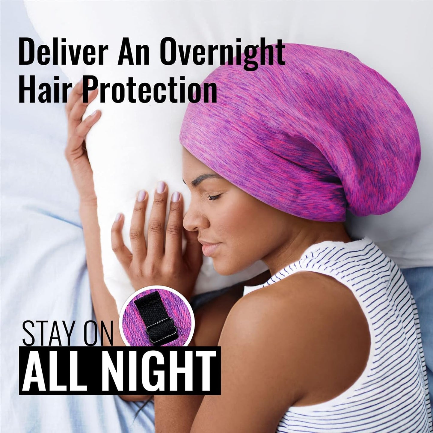 Satin Lined Sleep Cap Bonnet for Curly Hair and Braids, Stay On All Night Hair Wrap with Adjustable Strap for Women and Men, Purple and Pink, Pack of 1