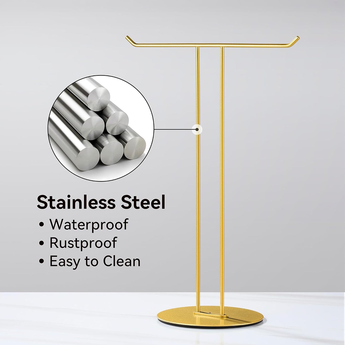 T-Shaped Hand Towel Holder Stand – Countertop Stainless Steel Towel Rack with Non-Slip Base for Bathroom, Kitchen, Vanity, Shiny Gold