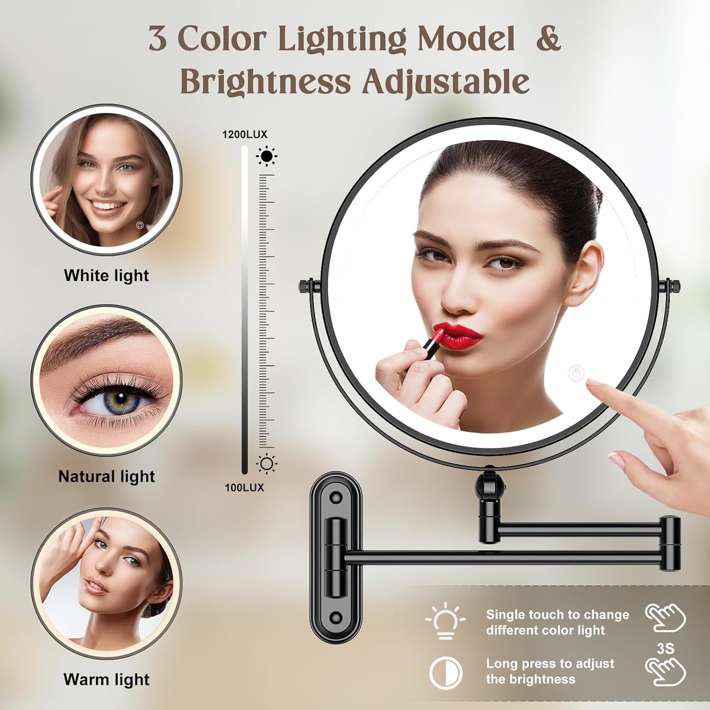 9" Wall Mounted Makeup Lighted Mirror, 4000mAh Rechargeable Double Sided LED Vanity Mirror with Height Adjustable&1X/10X Magnification, 3 Color Lights Touch Screen Dimmable 360°Swivel Bathroom Mirror