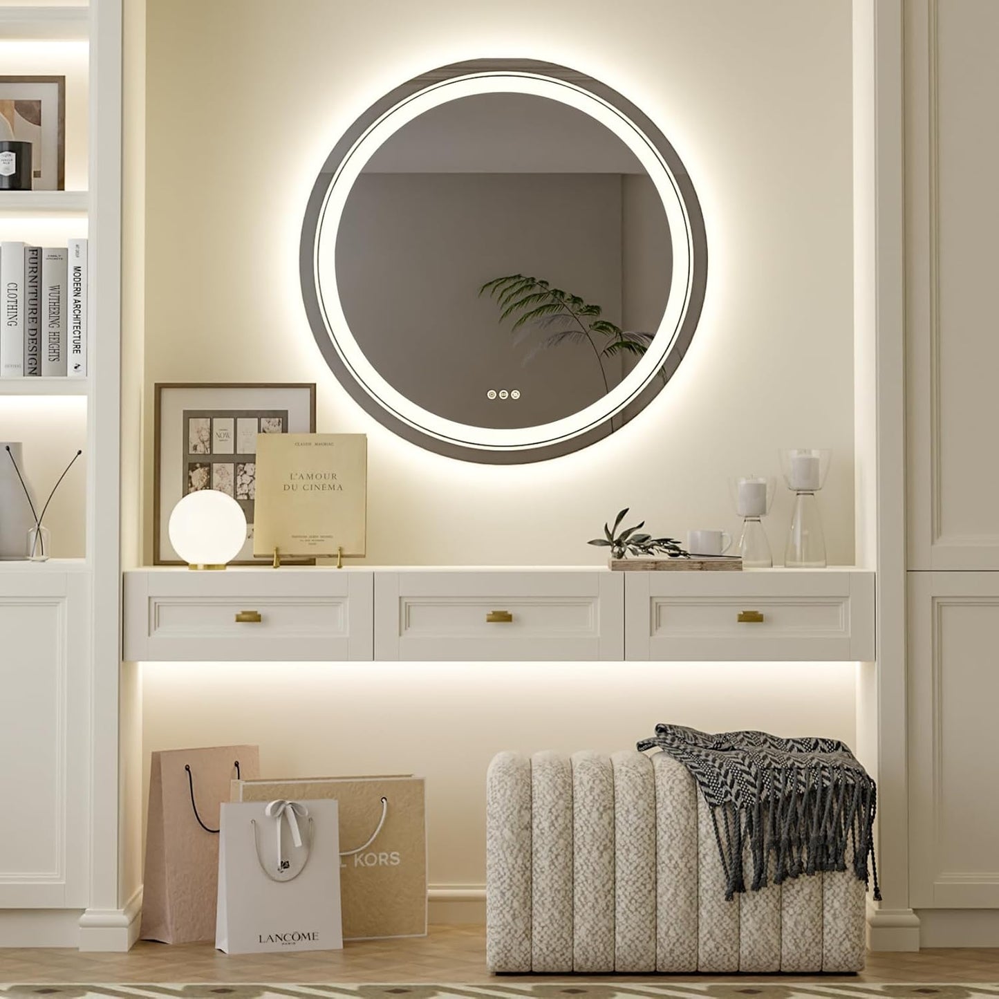 LUVODI Lighted LED Bathroom Mirror: 32” Circle Wall Mounted Large Lighted Makeup Mirror with Backlit and Front Light - Illuminated Dimmable 3 colors Vanity Mirrors with Demister Pad Smart Touch Switch