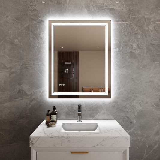Bathroom Mirror with Lights 32"X40" with Front Light and Backlit, Tempered Glass, Wall Mount Horizontal/Vertical, Stepless Dimmable, 3 Colors, Anti Fog, Bathroom Memory LED Mirror