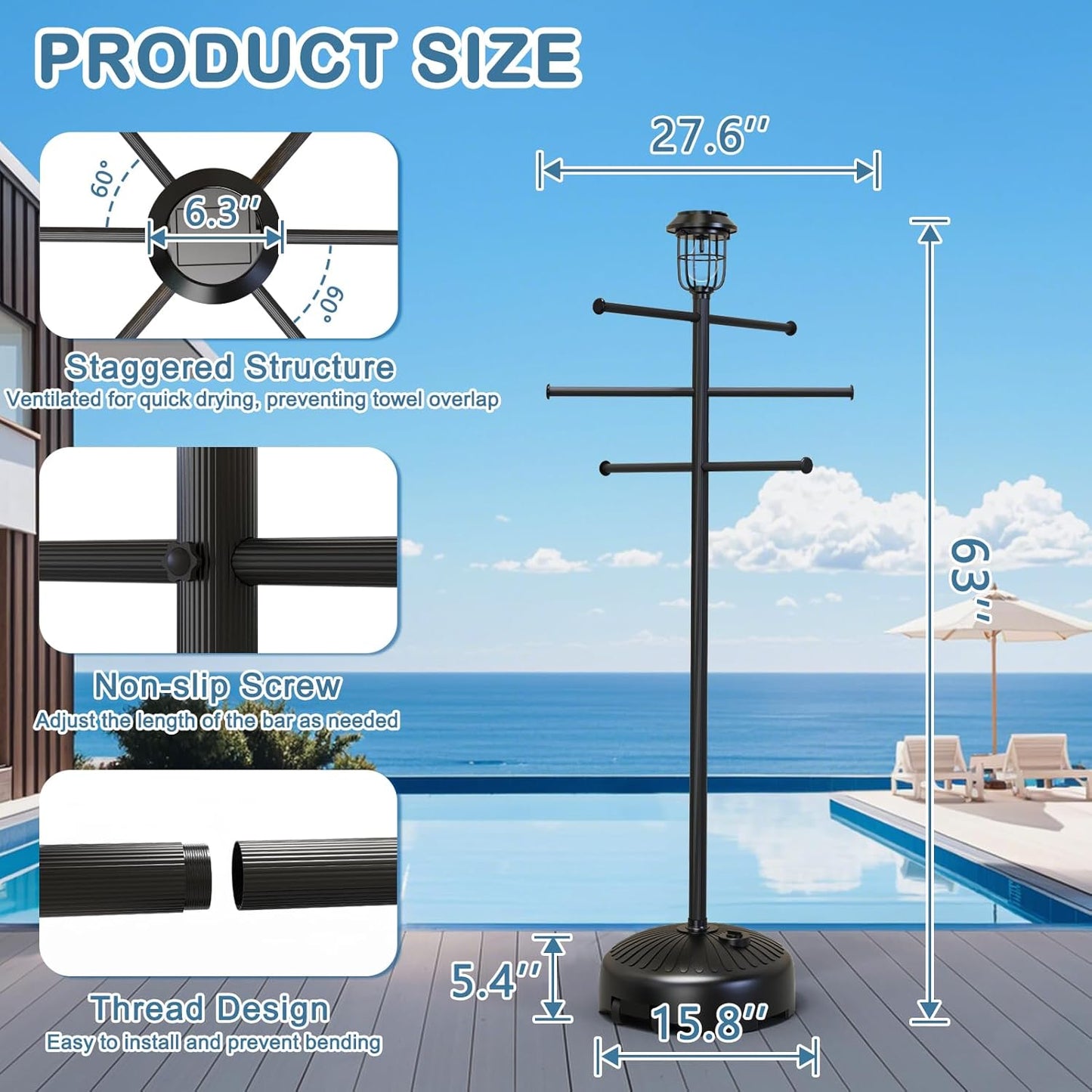 Solar Light Pool Towel Rack with Wheels – 63" Tall Adjustable Outdoor Towel Rack for Patio, Bathroom, Hot Tub