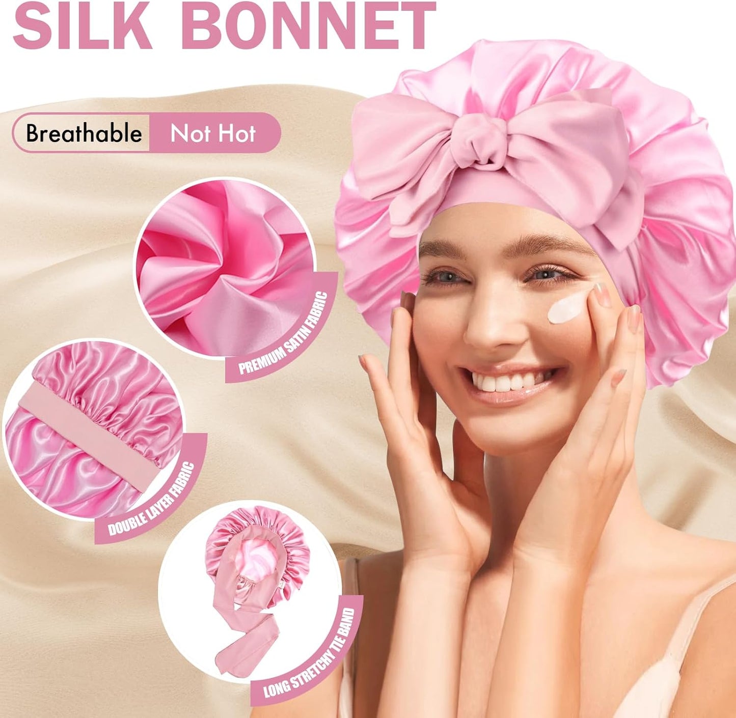 Silk Bonnet for Sleeping Women, Adjustable Soft Satin Lined Bonnet with Tie Band, Double Layer Sleep Night Cap