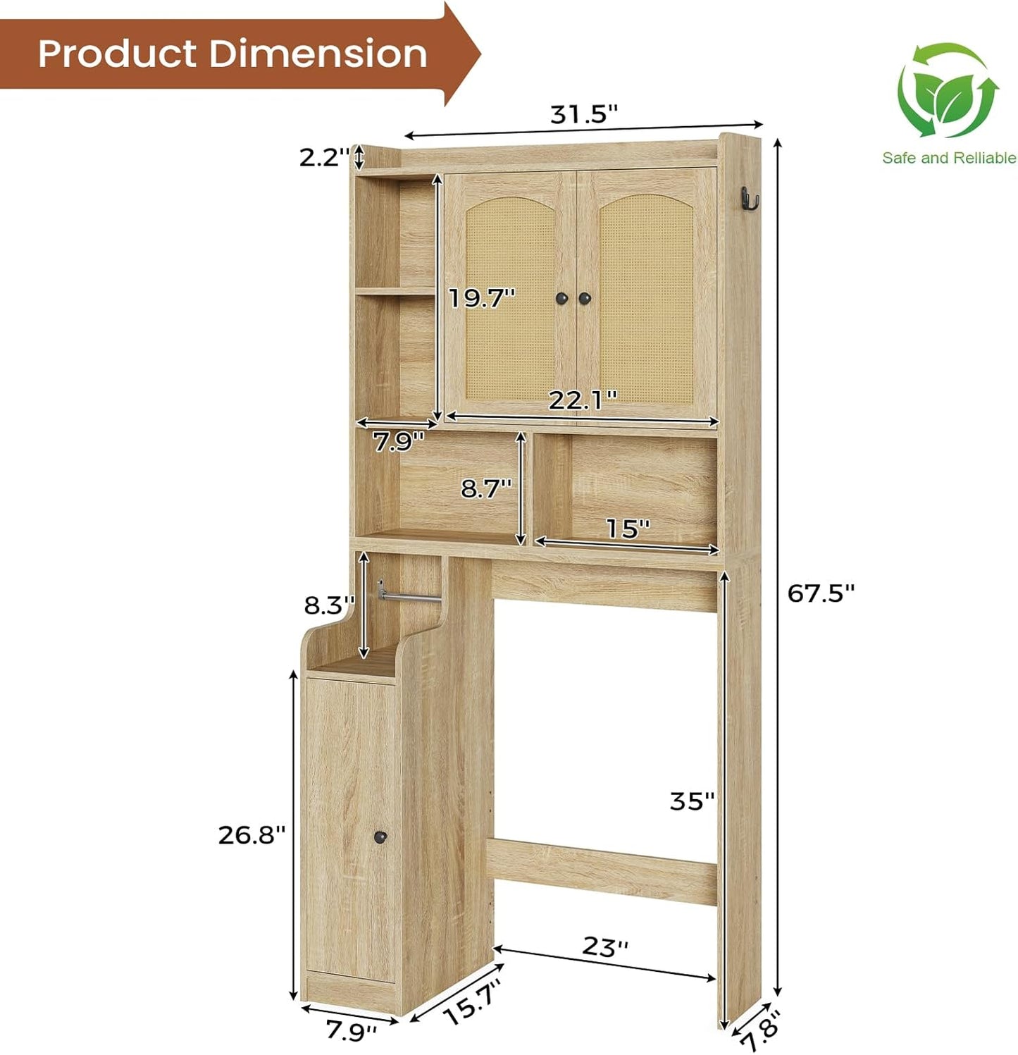 Itaar Over The Toilet Storage Cabinet, Farmhouse Rattan Bathroom Cabinet, Over Toilet Bathroom Organizer with Rattan Barn Doors & Toilet Paper Holder Stand, for Restroom, Laundry
