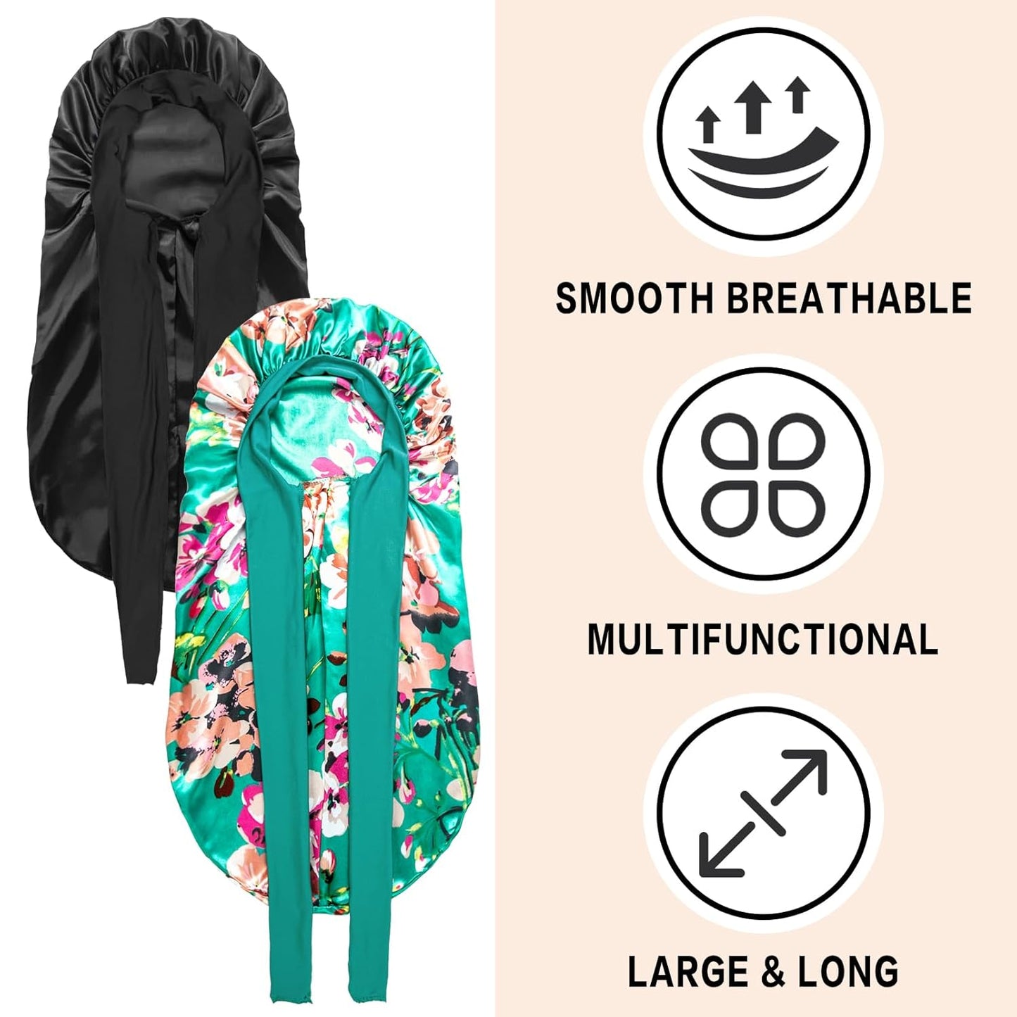 2Pcs Bonnets for Black Women Braid Bonnet, Large Long Satin Bonnet for Braids, Silk Bonnet with Stretchy Tie Band Sleep Cap Hair (2Pcs-Black&Printing Flower)
