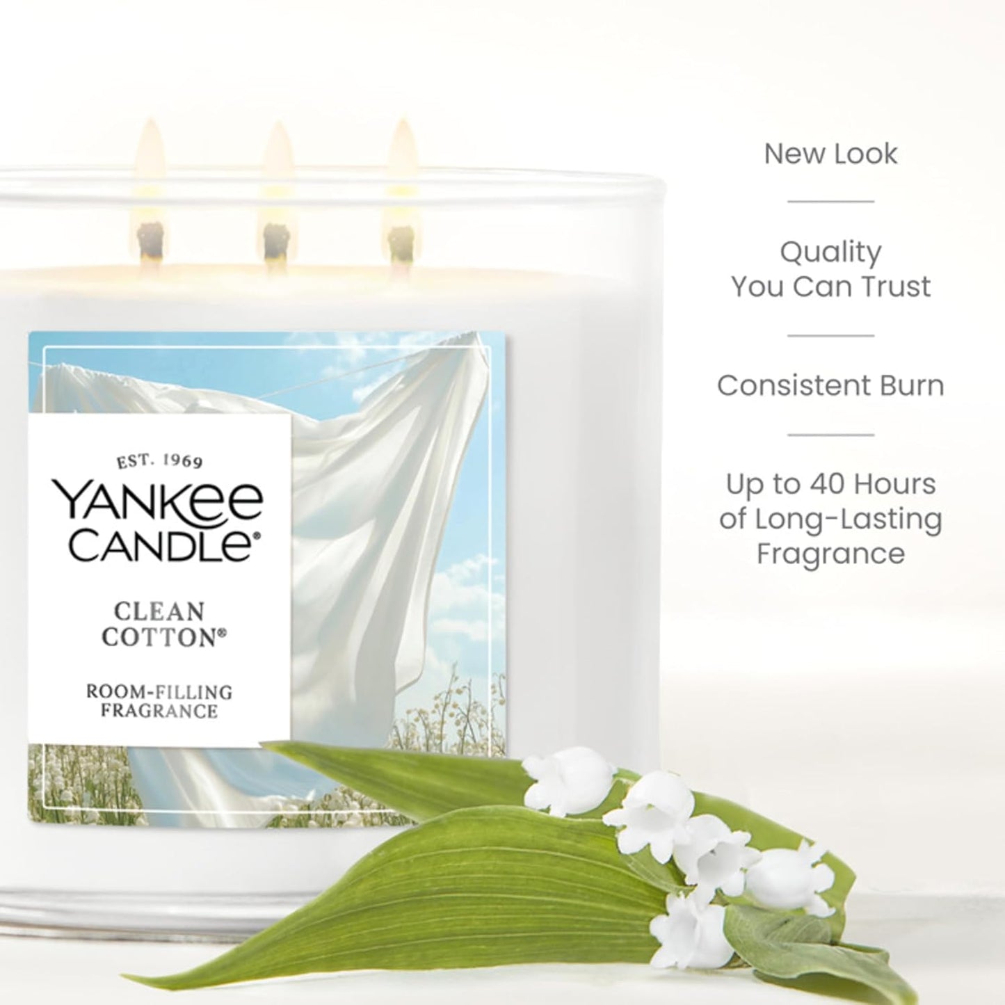 Yankee Candle Clean Cotton, Fall Scented Candle, 14.5oz 3-Wick Candle Jar with up to 40 Hours Burn Time, Giftable