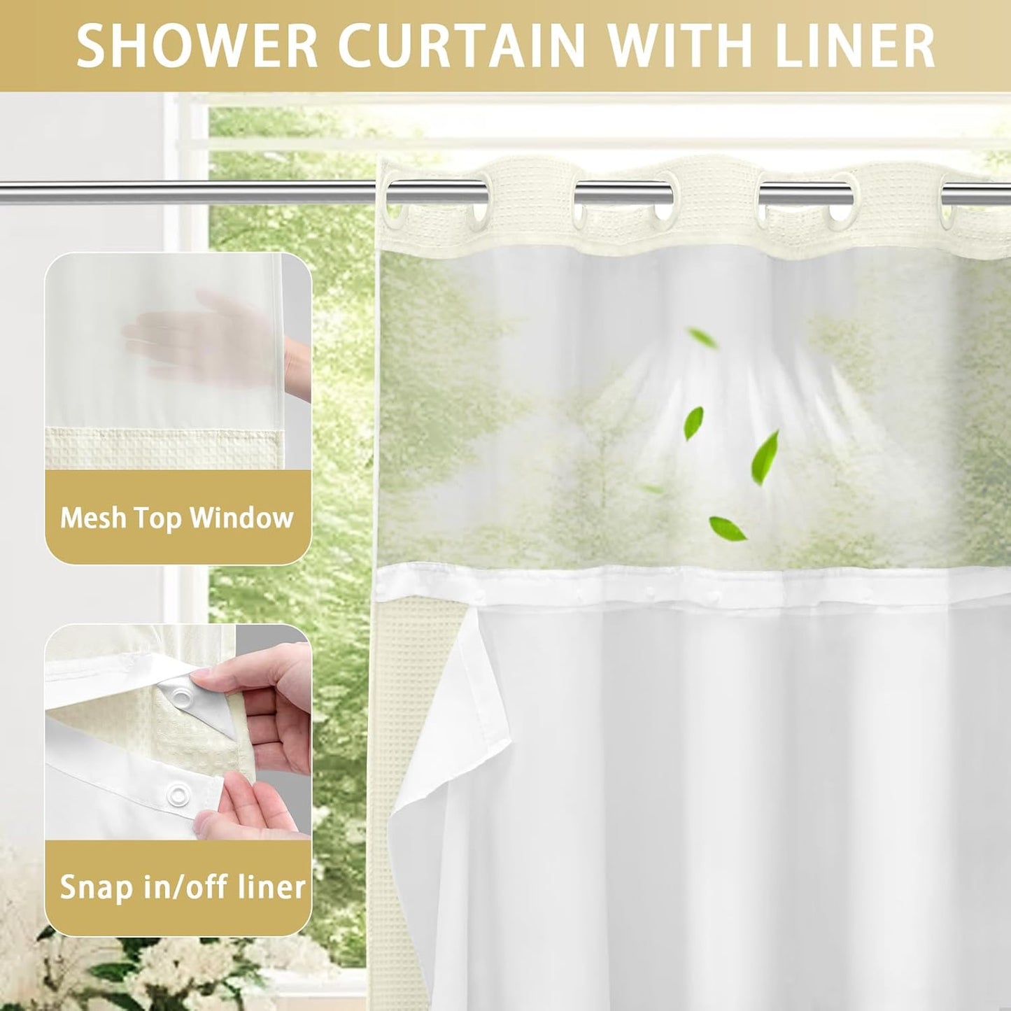 YellyHommy No Hook Shower Curtain with Snap in Liner Set Less Waffle Shower Curtain for Bathroom (Cream, 81" L x 72" W)