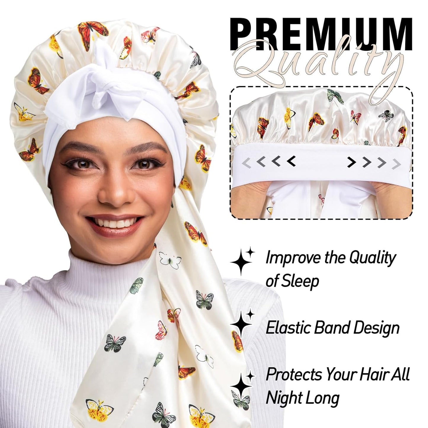 2Pcs Bonnets for Black Women Braid Bonnet, Large Long Satin Bonnet for Braids, Silk Bonnet with Stretchy Tie Band Sleep Cap Hair (2Pcs-Black-Silver Pattern)