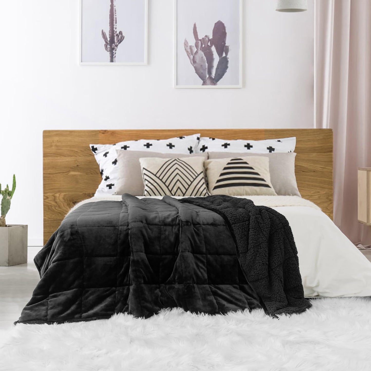 Sivio Sherpa Fleece Weighted Blanket for Adult, 15lbs Heavy Fuzzy Throw Blanket with Soft Plush Flannel, Reversible Twin-Size Super Soft Extra Warm Cozy Fluffy Blanket, 48x72 Inch Dual Sided Black