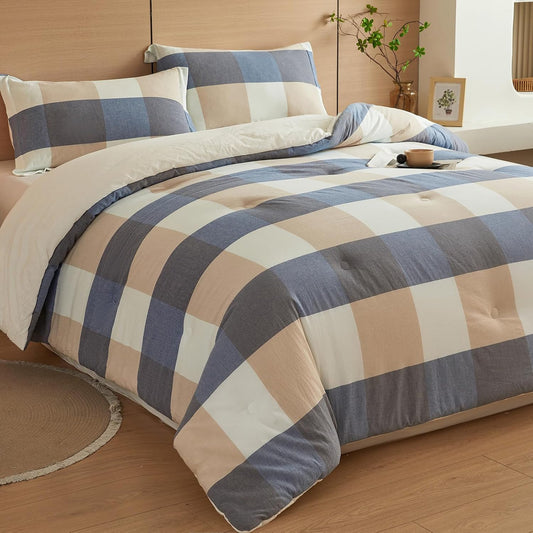 100% Cotton Comforter Set King Size – Reversible Yarn-Dyed Checkered Design, Soft Washed Cotton on Both Sides, Lightweight All-Season Bedding, Machine Washable(Blue White Plaid, 104”x90”)