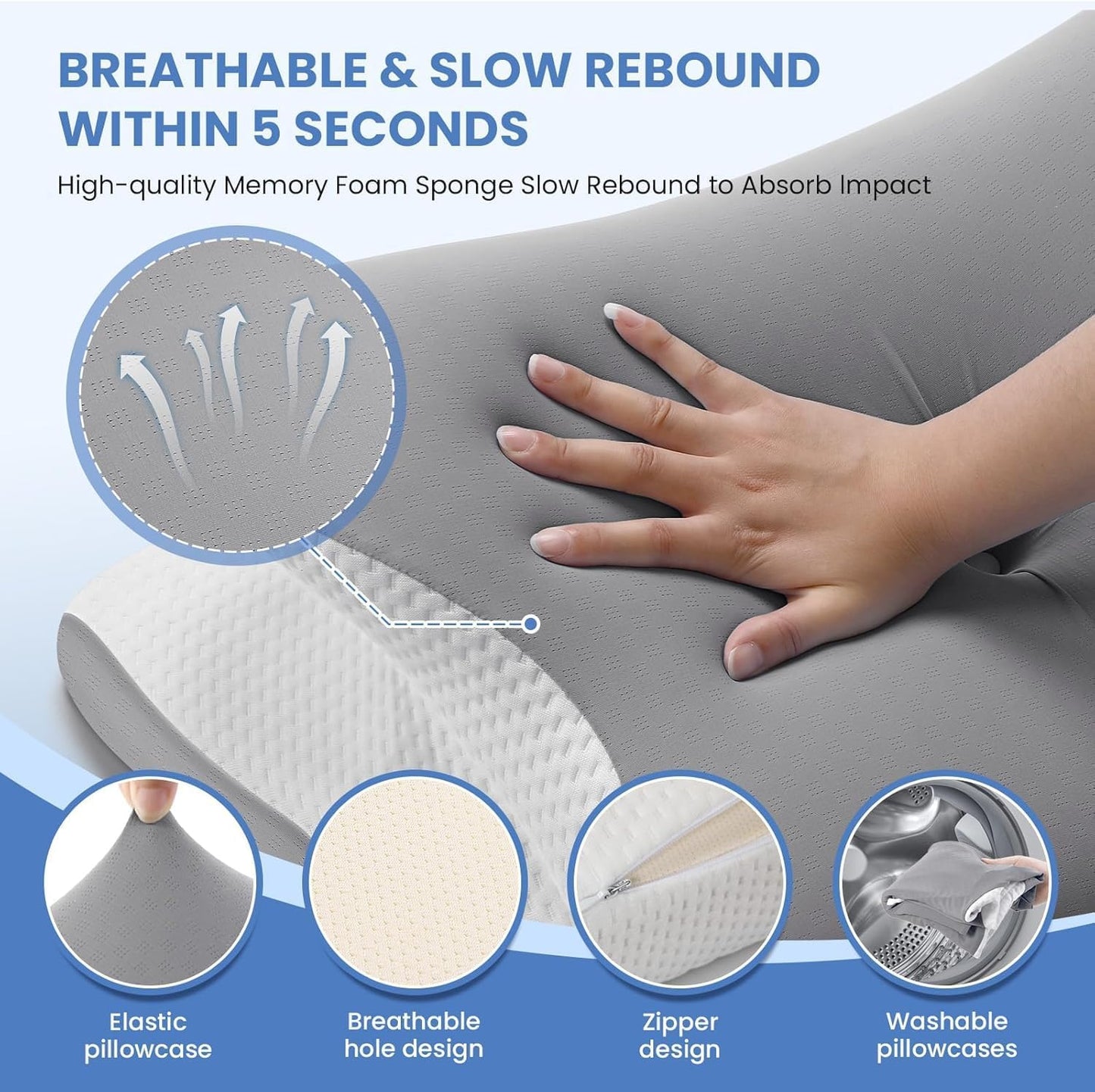 JINXIA Cervical Neck Pillow for Sleeping, Odorless Memory Foam Pillows & Cooling Cover, Ergonomic Orthopedic Neck Support Pillow for Side Back Stomach Sleepers, Neck and Shoulder Pain Relief, Gray