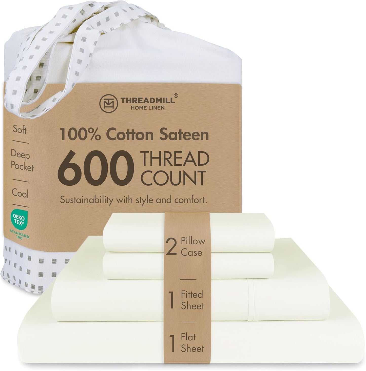 Threadmill 100% Cotton Sheets for King Size Bed - 600 Thread Count King Bed Sheets Set with 16” Deep Pocket - Sateen Weave 4-Piece Bedding Set with Cooling Effect, Ivory
