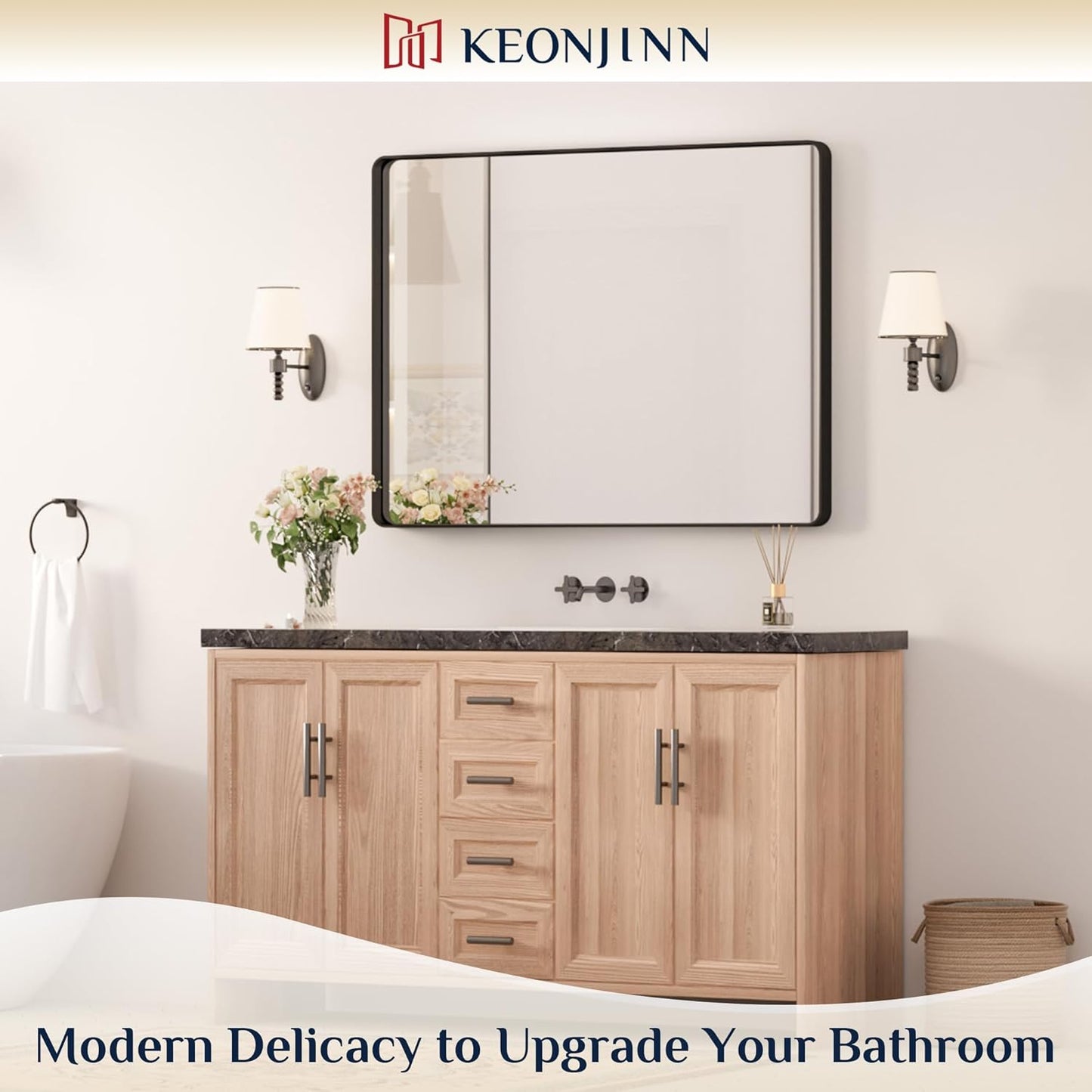 Keonjinn Black Framed Mirror for Bathroom 40 x 30 Inch Rounded Rectangle Wall Mirror, Matte Black Vanity Mirror for Over Sink, Tempered Glass Farmhouse Mirrors Seamless Metal Frame