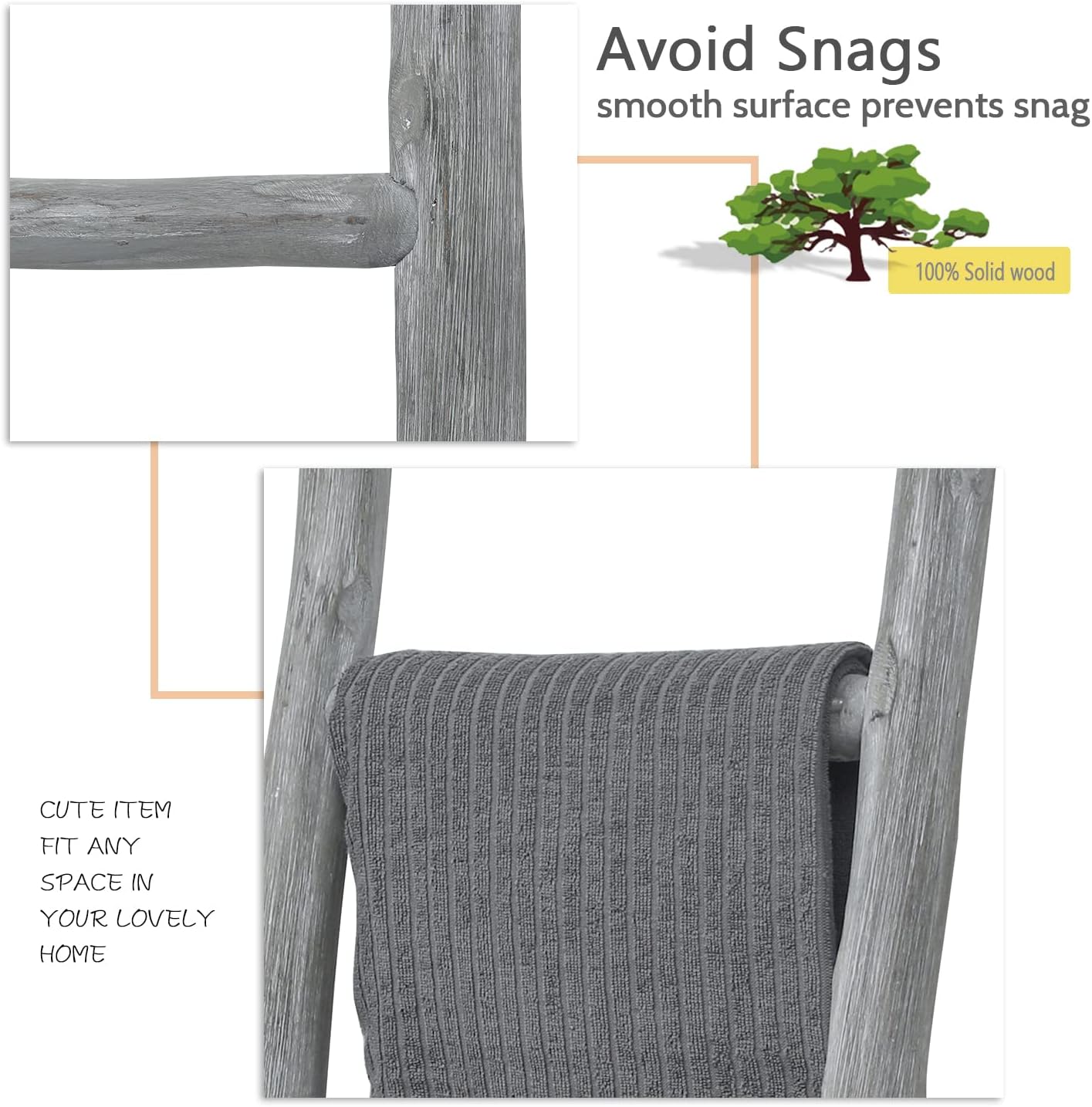 FUIN Fully Assembled 57in Wood Blanket Ladder Living Room Decorative Wall Leaning Farmhouse Quilt Display Holder Rustic Wooden Towel Rack for Bathroom, Light Gray & Whitewashed