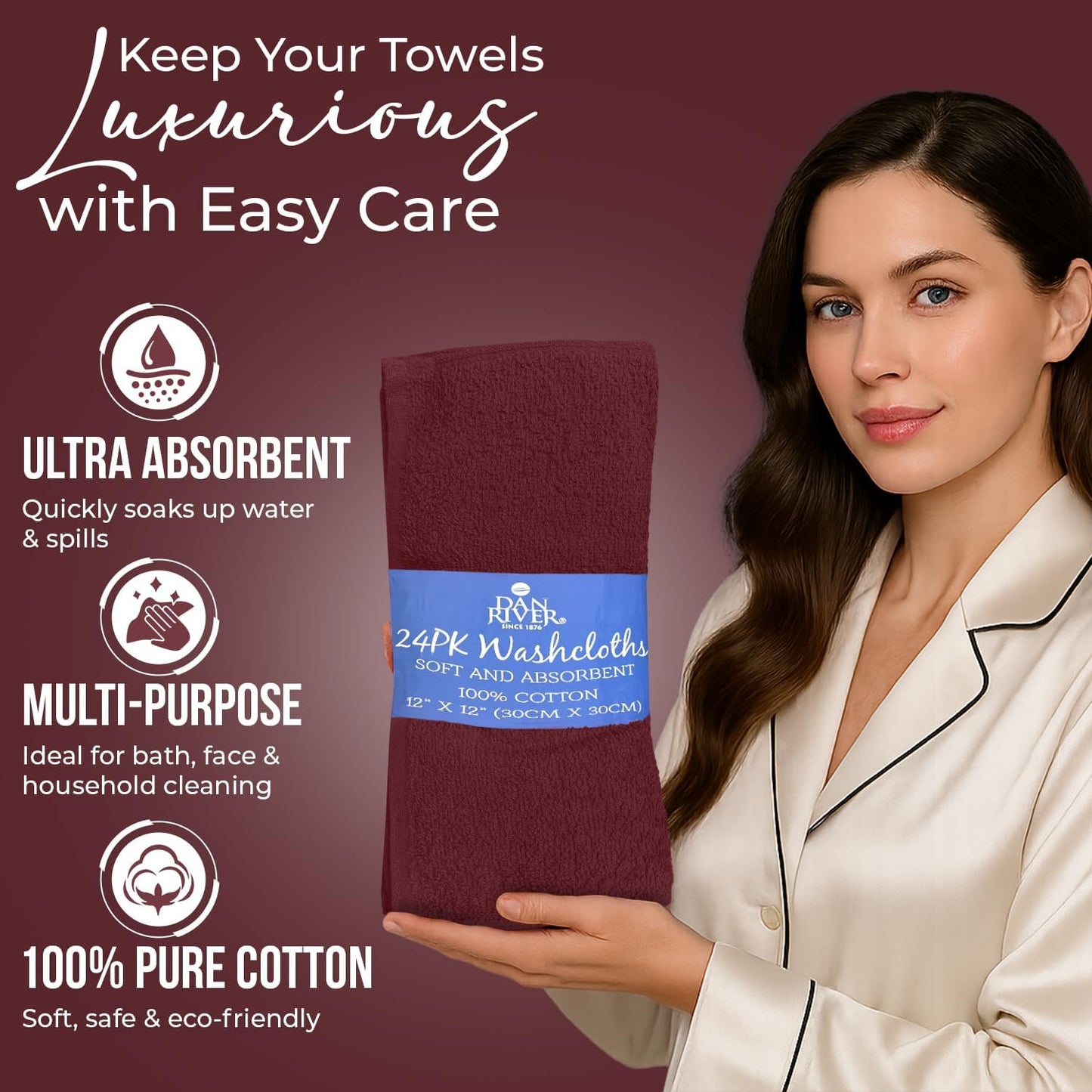 DAN RIVER 100% Cotton Wash Cloths 24 Pack [12x12] Soft & Absorbent wash Cloths for Your face, Gym, Hotels & Spa Perfect for Everyday Use Fingertip Towels, Pomegranate
