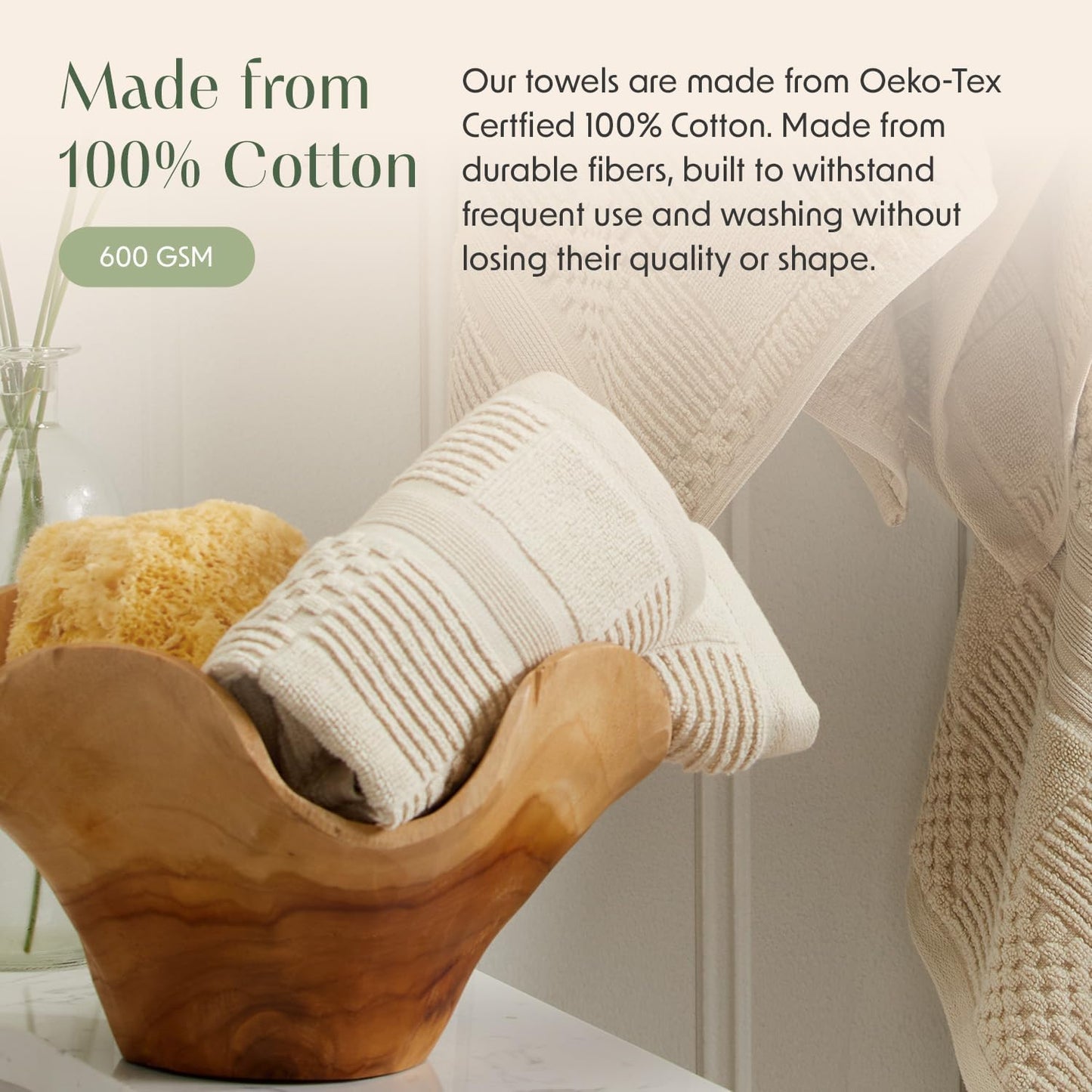 Springtree Home 100% Cotton Bathroom Towel Set | 6 Piece Set - Beige Towels | Geometric Textured Design | Absorbent & Quick-Dry | Oeko-TEX® Standard 100 Cotton | Myla Collection - Sandshell