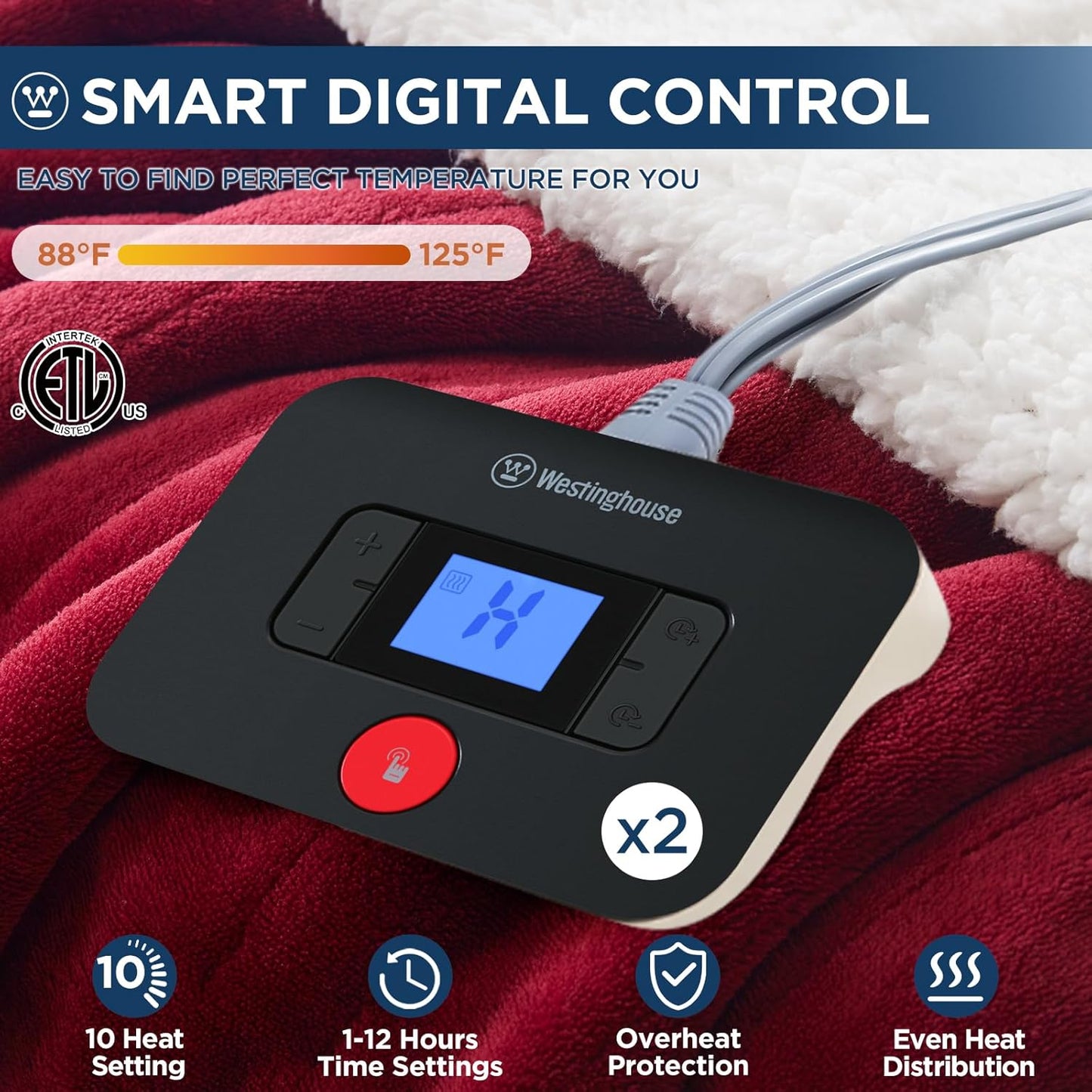 Westinghouse Electric Blanket King, Heated Blanket King Size with 10 Heating Levels and 1 to 12 Hours Heating Time Settings, Flannel to Sherpa Reversible, Machine Washable (90" x 100", Red)