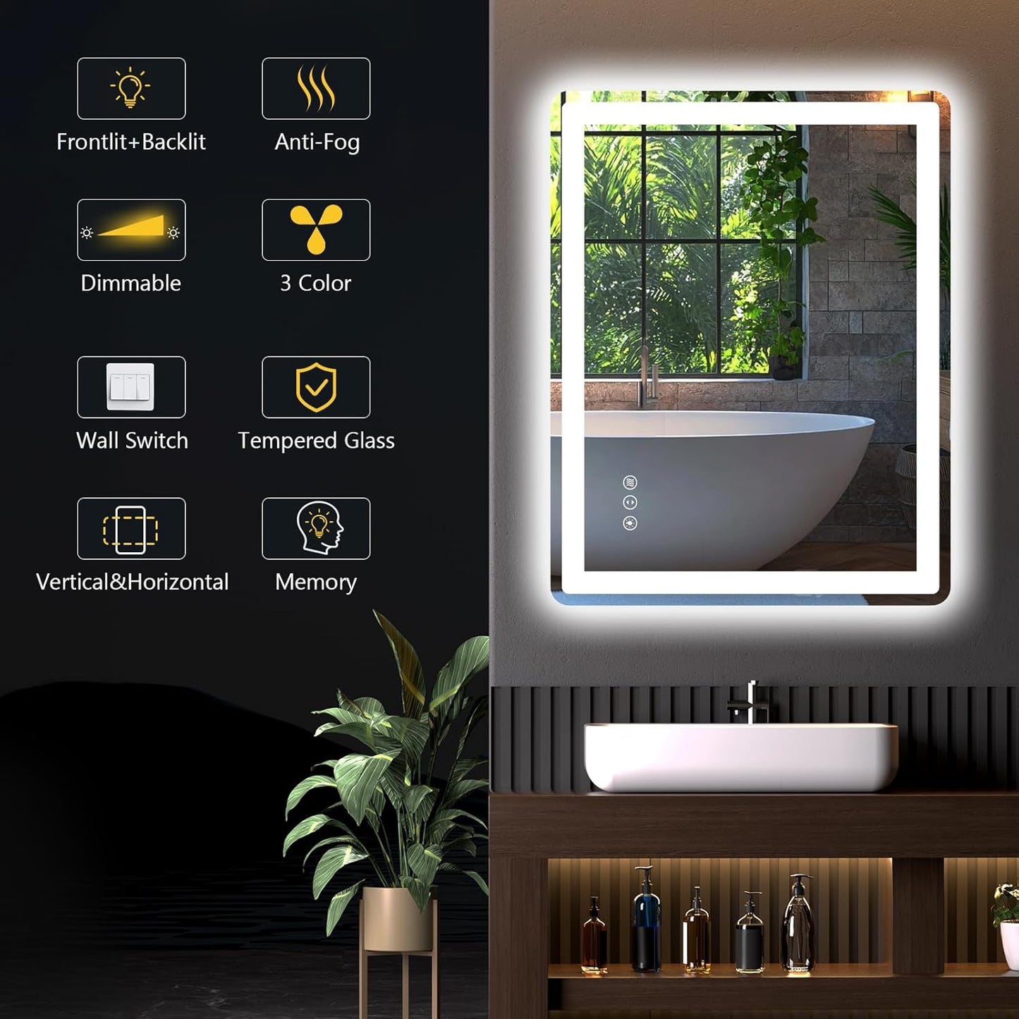 LED Bathroom Mirror 48"x 30" with Front and Backlight, Anti-Fog, Lighted Bathroom Vanity Mirror for Wall, Dimmable, Shatter-Proof, Rounded Rectangle Mirror Tempered Glass(Horizontal/Vertical)