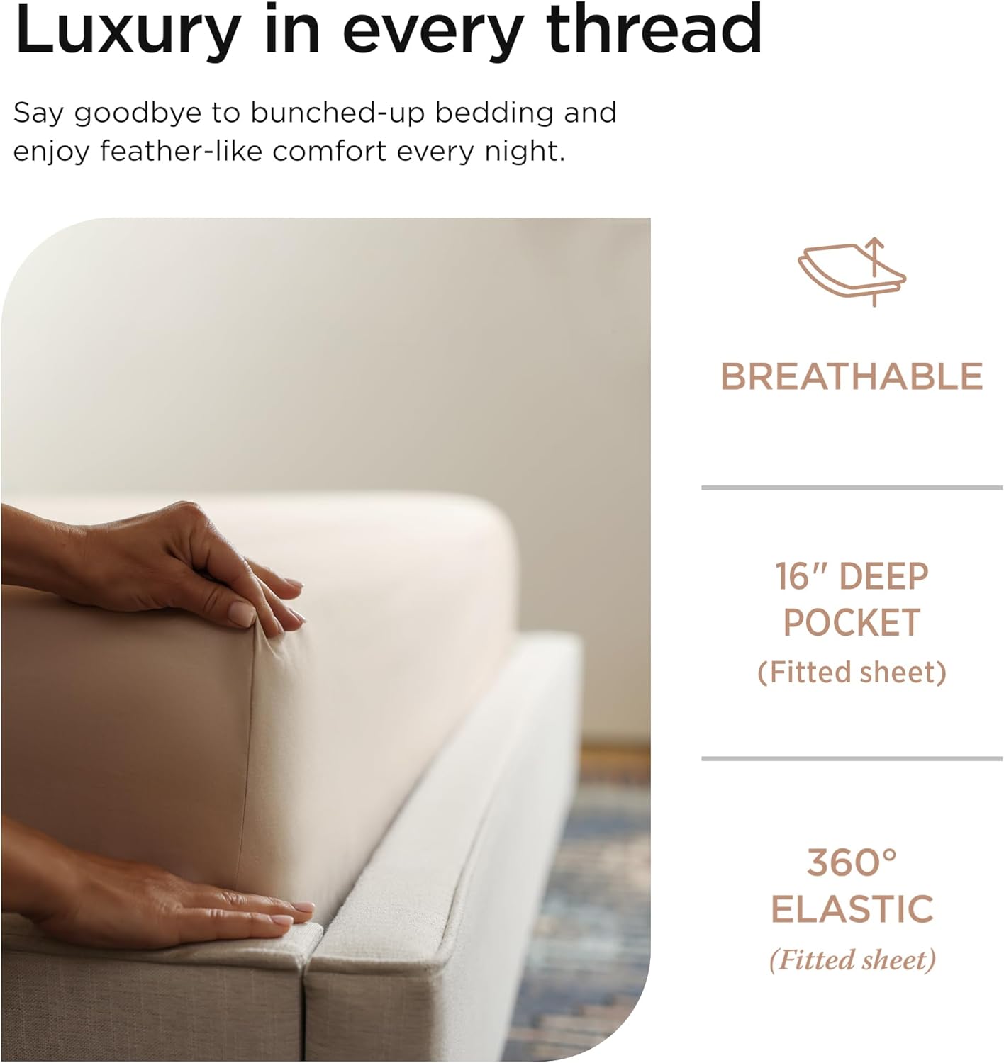 Threadmill 100% Cotton Sheets for Queen Size Bed - 600 Thread Count Queen Bed Sheets Set with 16” Deep Pocket - Sateen Weave 4-Piece Bedding Set with Cooling Effect, Beige